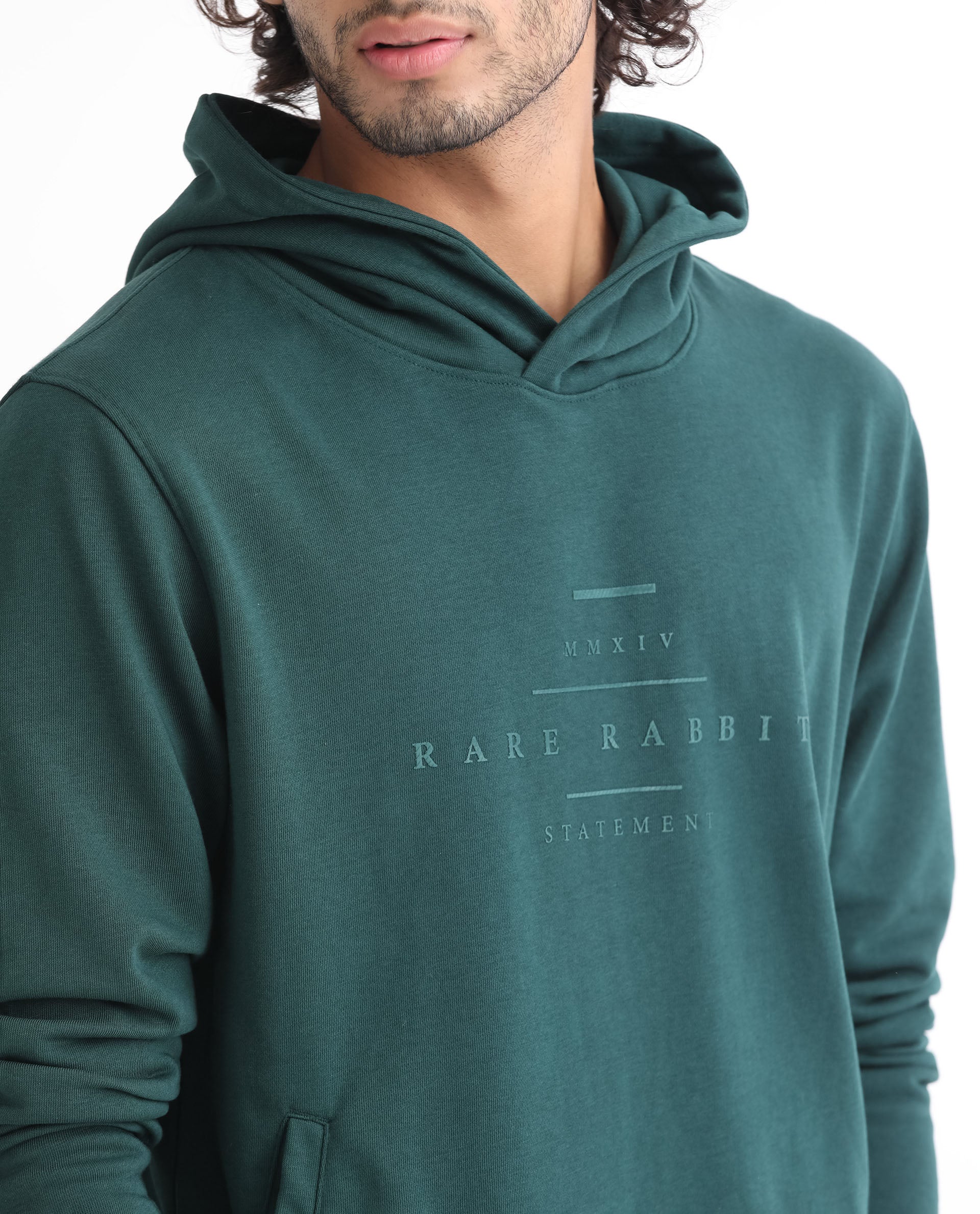 Rare Rabbit Mens Mile Dark Green Cotton Polyester Fabric Full Sleeves Graphic Printed Logo Hooded Sweatshirt