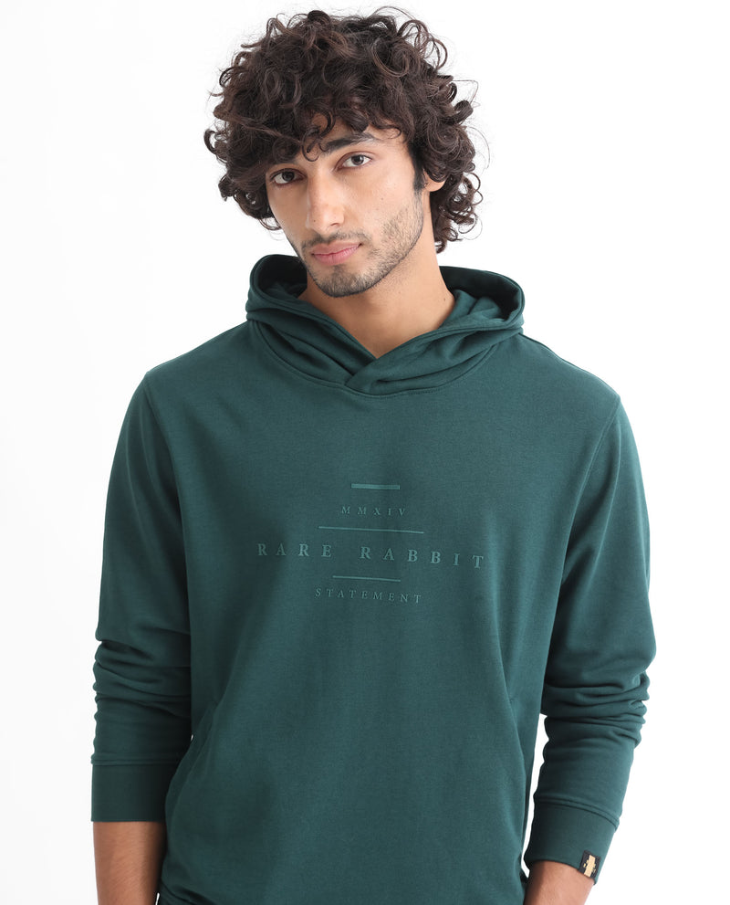 Rare Rabbit Mens Mile Dark Green Cotton Polyester Fabric Full Sleeves Graphic Printed Logo Hooded Sweatshirt