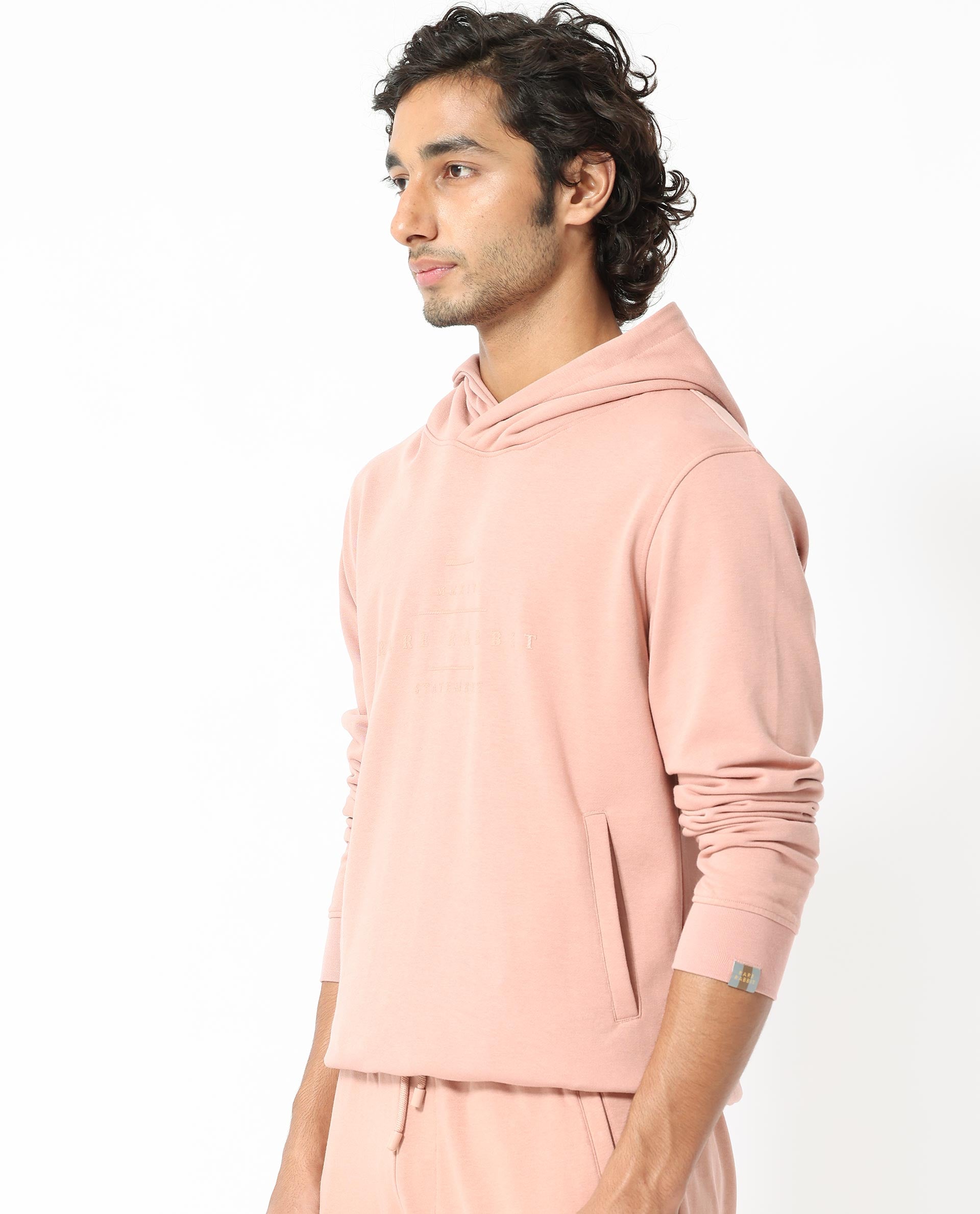 Rare Rabbit Mens Mile Peach Cotton Polyester Fabric Full Sleeves Graphic Printed Logo Hooded Sweatshirt