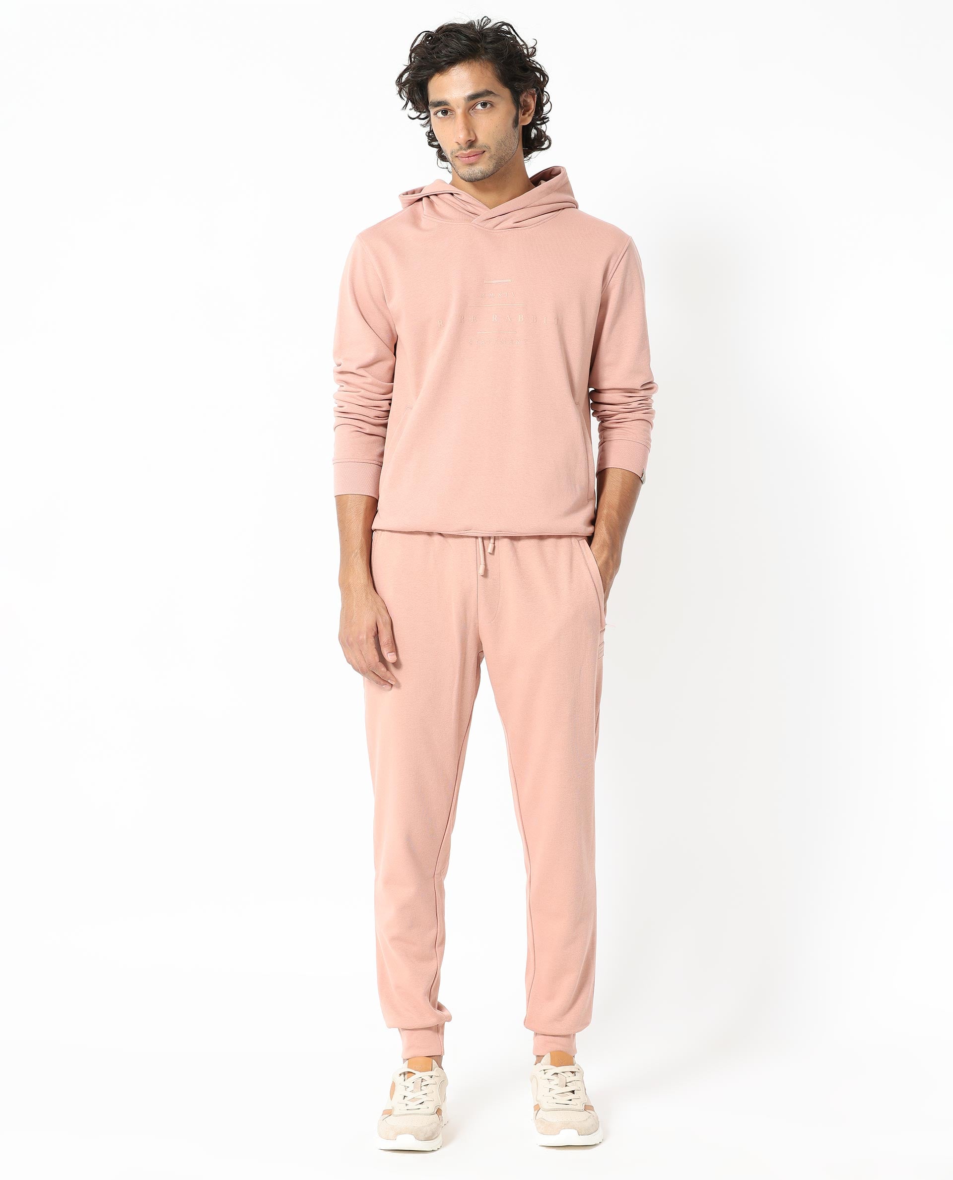 Rare Rabbit Mens Mile Peach Cotton Polyester Fabric Full Sleeves Graphic Printed Logo Hooded Sweatshirt