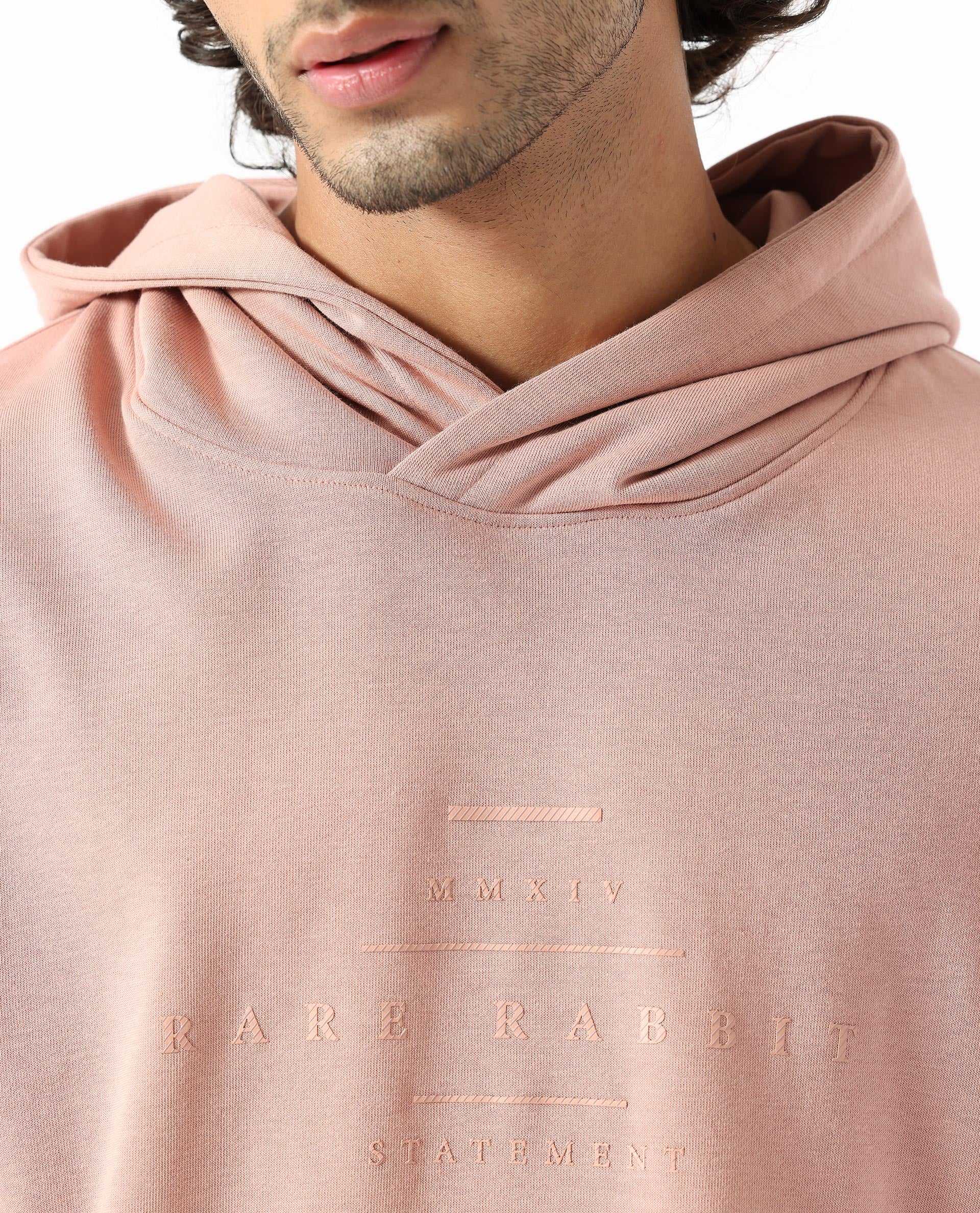 Rare Rabbit Mens Mile Peach Cotton Polyester Fabric Full Sleeves Graphic Printed Logo Hooded Sweatshirt