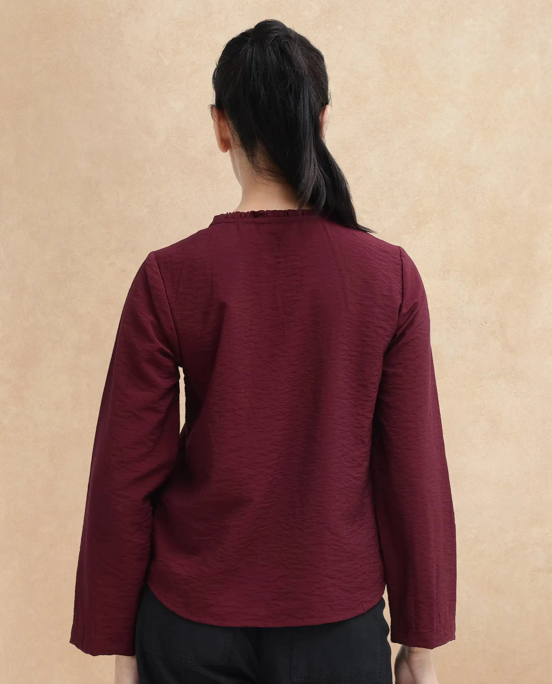 Rareism Women Mili Maroon Ruffled Sleeves Ruffled Neck Tie Up Closure Plain Top