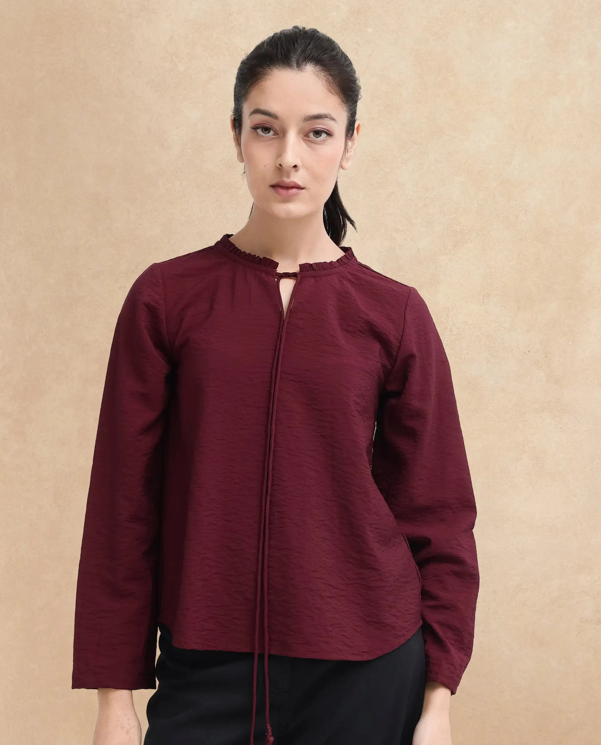 Rareism Women Mili Maroon Ruffled Sleeves Ruffled Neck Tie Up Closure Plain Top