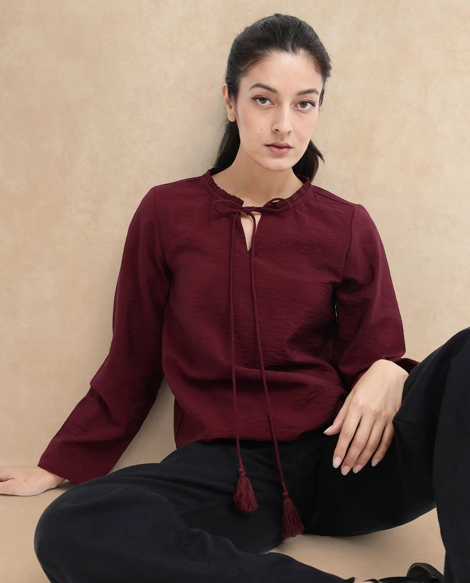 Rareism Women Mili Maroon Ruffled Sleeves Ruffled Neck Tie Up Closure Plain Top