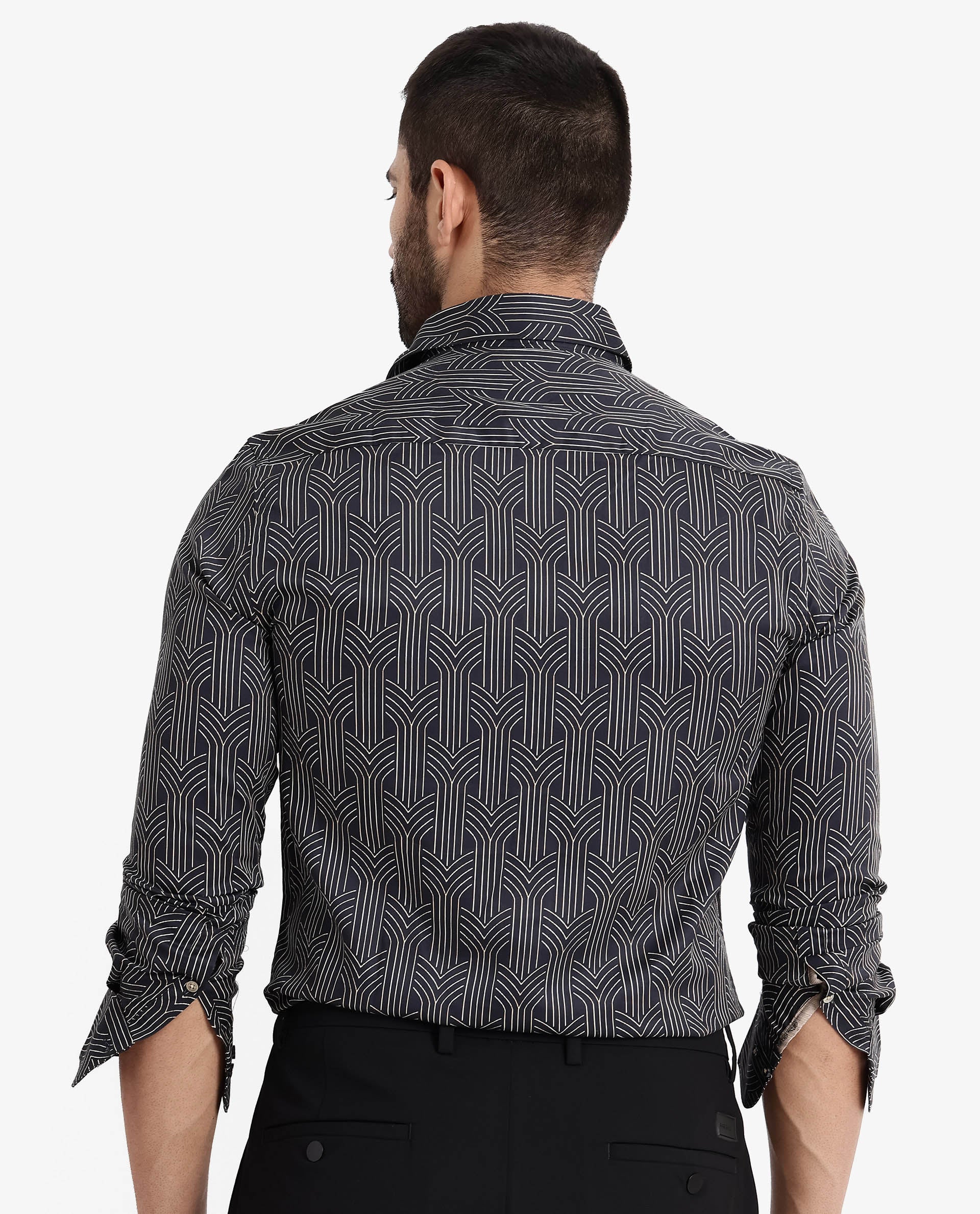 Rare Rabbit Men's Millens Black Cotton Fabric Geometric Print Full Sleeves Shirt