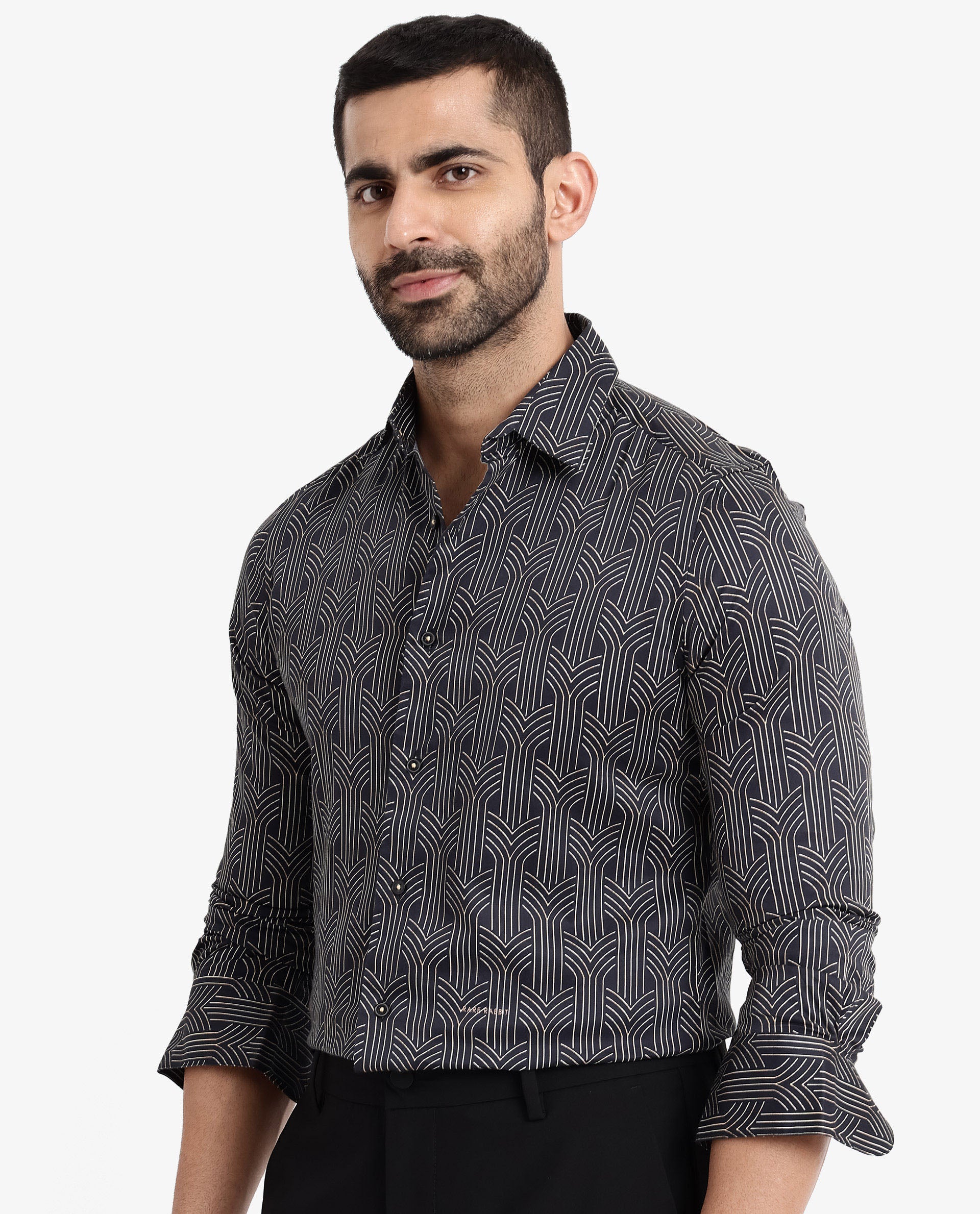 Rare Rabbit Men's Millens Black Cotton Fabric Geometric Print Full Sleeves Shirt