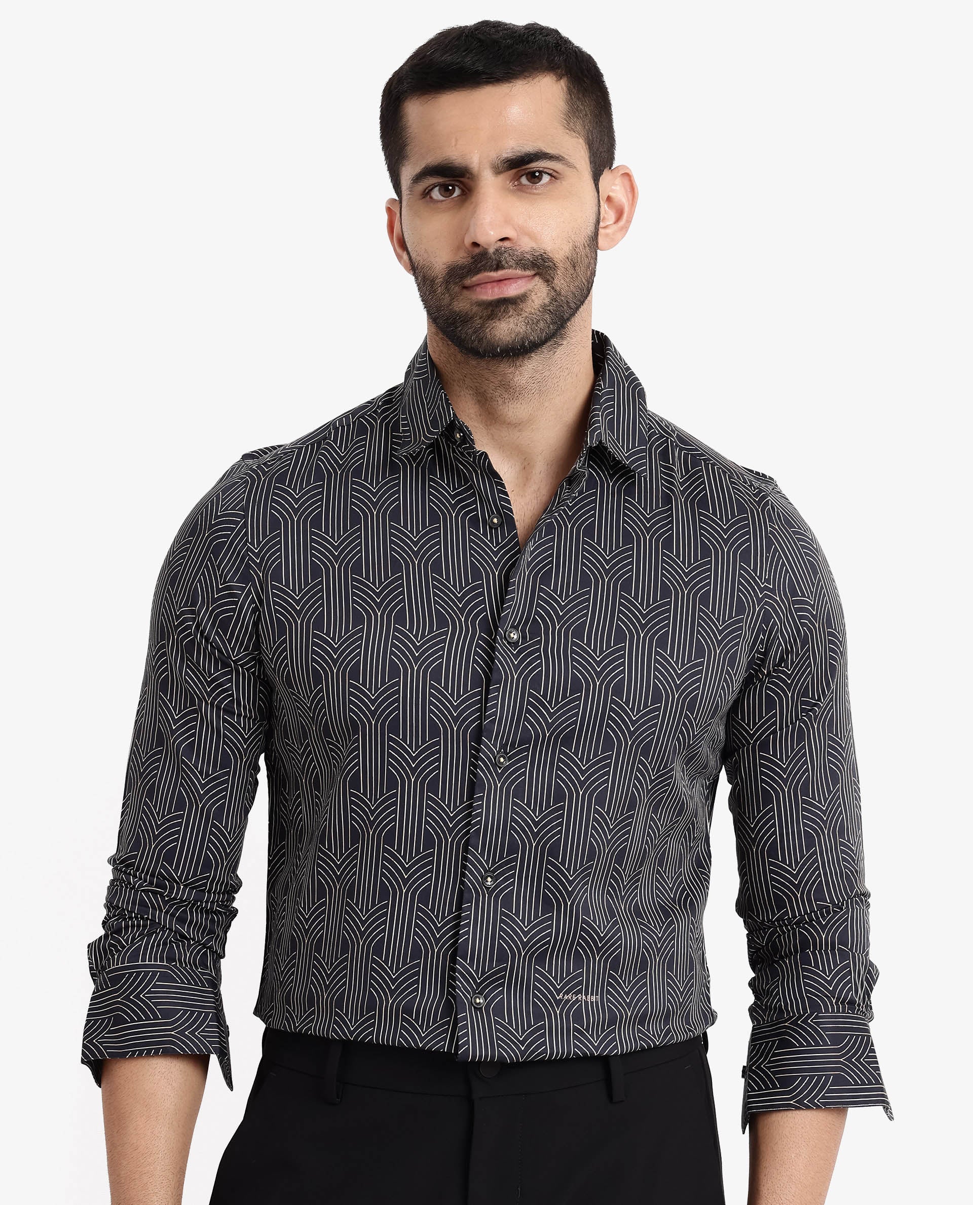 Rare Rabbit Men's Millens Black Cotton Fabric Geometric Print Full Sleeves Shirt