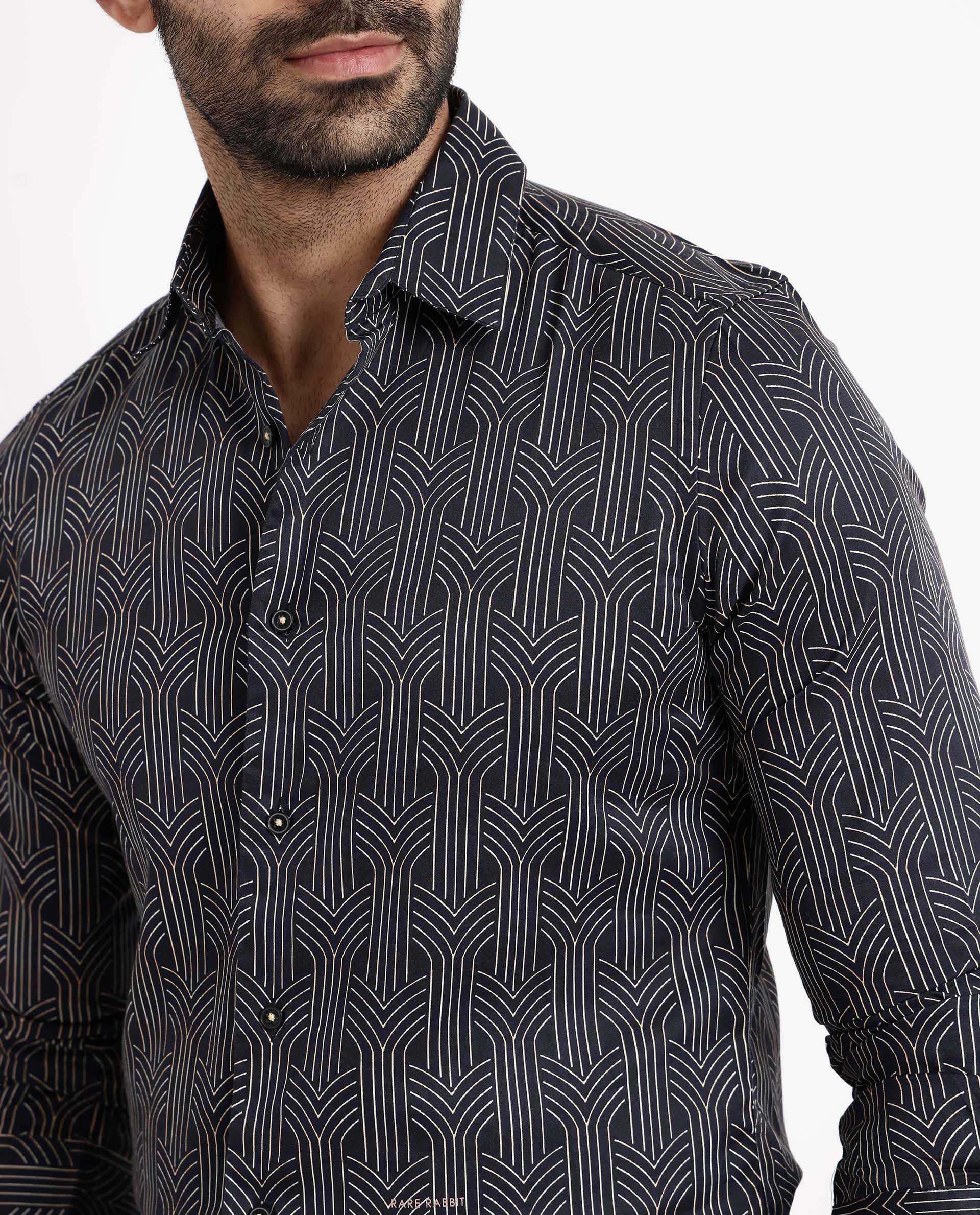 Rare Rabbit Men's Millens Black Cotton Fabric Geometric Print Full Sleeves Shirt