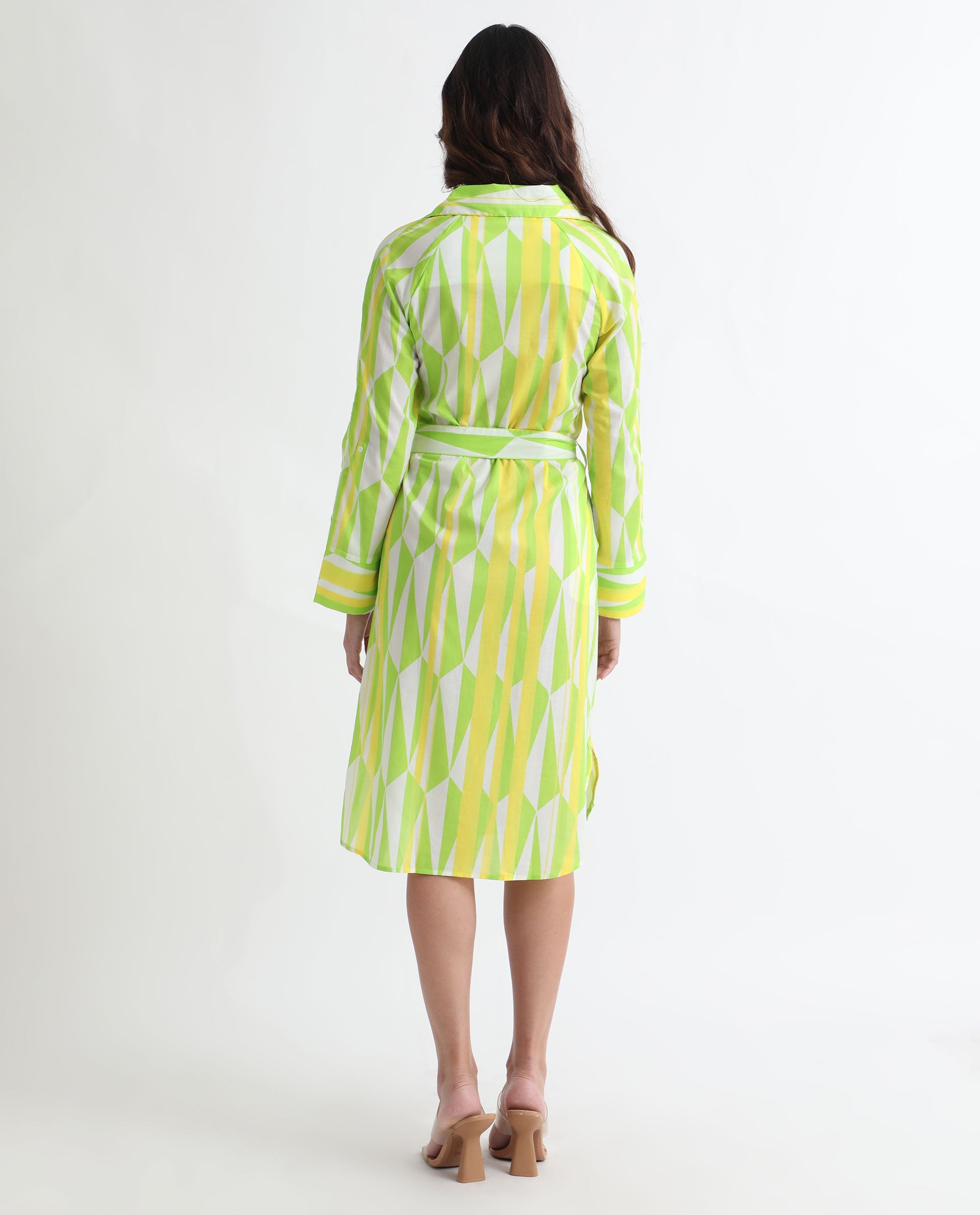 Rareism Women Miller Multi Cotton Fabric Full Sleeves Button Closure Shirt Collar Cuffed Sleeve Regular Fit Abstract Print Midi Boxy Dress