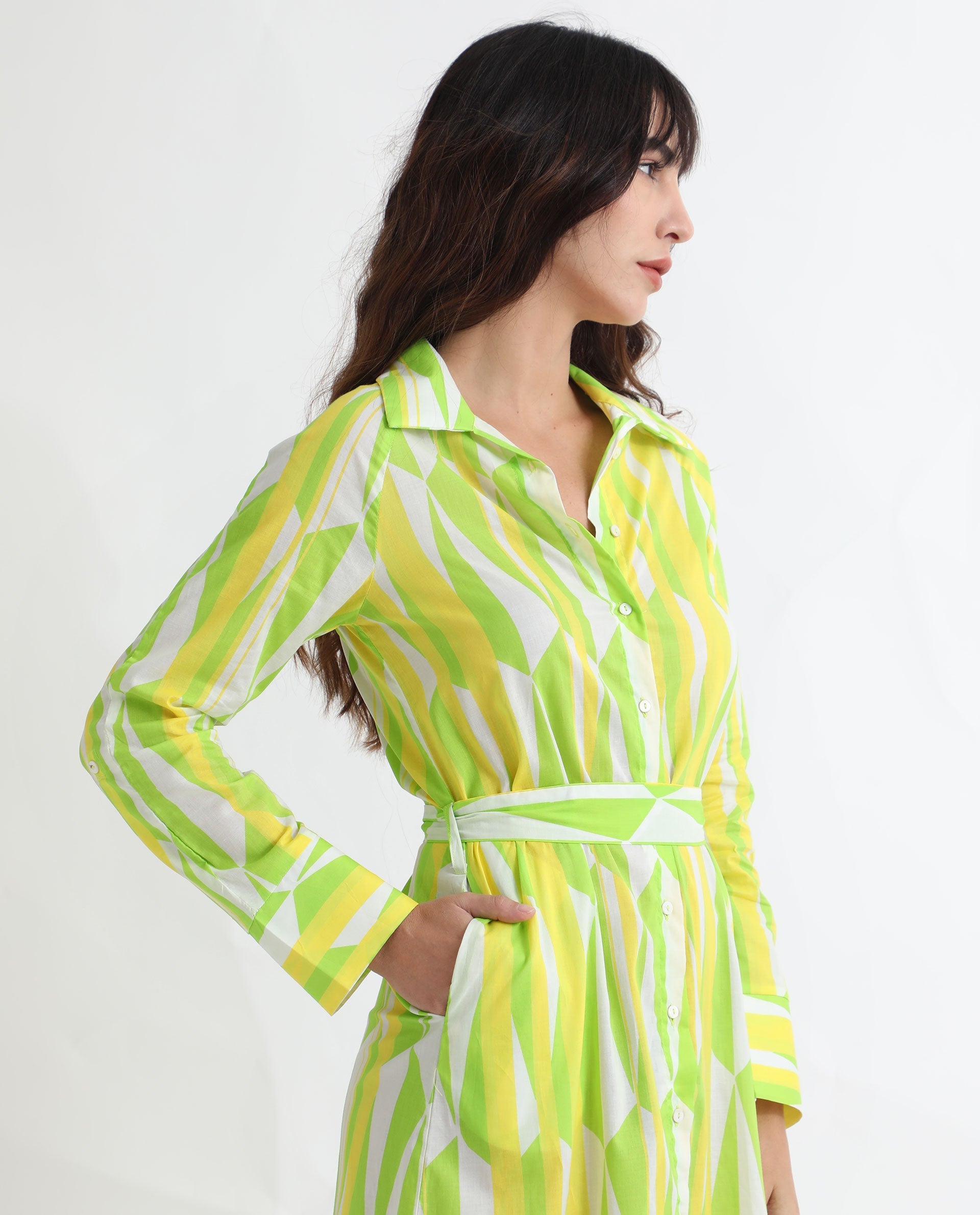 Rareism Women Miller Multi Cotton Fabric Full Sleeves Button Closure Shirt Collar Cuffed Sleeve Regular Fit Abstract Print Midi Boxy Dress