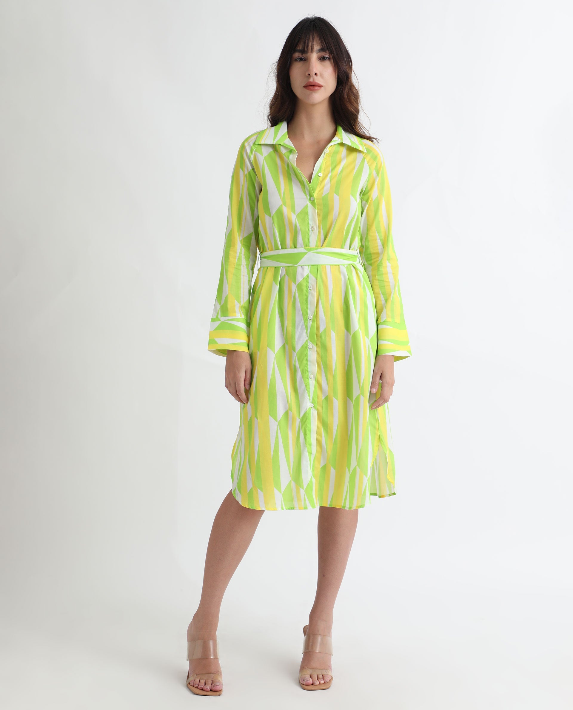 Rareism Women Miller Multi Cotton Fabric Full Sleeves Button Closure Shirt Collar Cuffed Sleeve Regular Fit Abstract Print Midi Boxy Dress