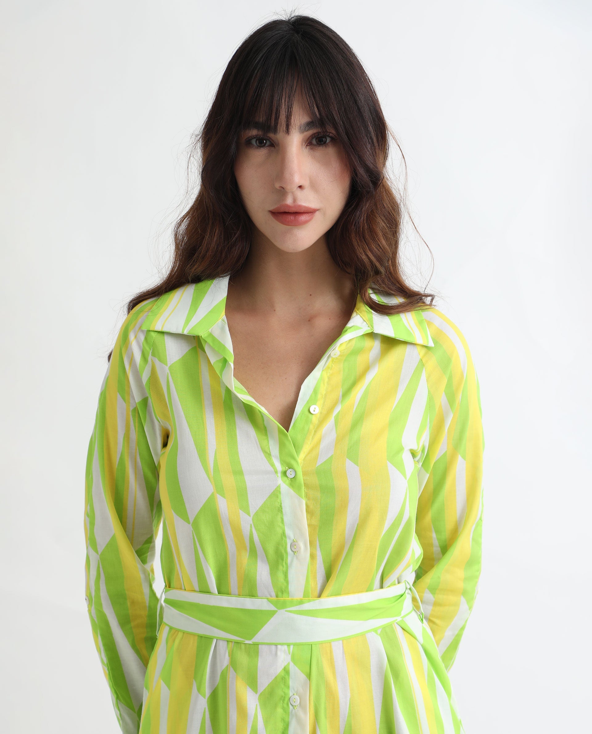 Rareism Women Miller Multi Cotton Fabric Full Sleeves Button Closure Shirt Collar Cuffed Sleeve Regular Fit Abstract Print Midi Boxy Dress