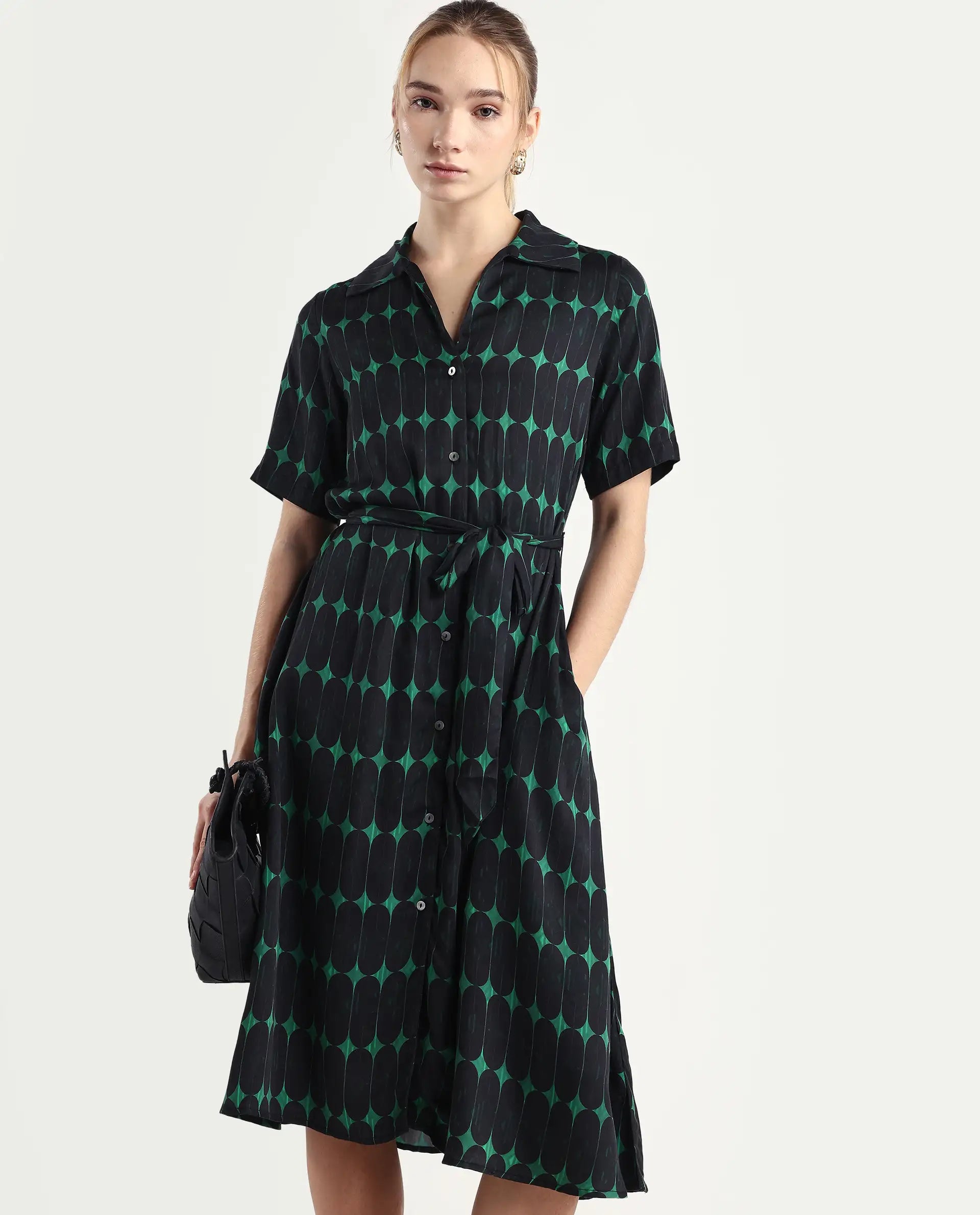 Rareism Women's Millington Green Cotton Johnny Collar Geometric Print Midi A-Line Dress