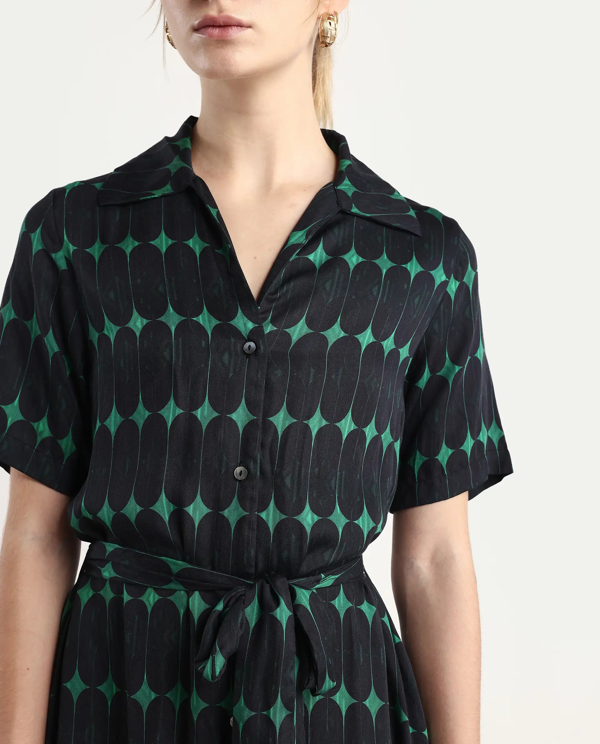 Rareism Women's Millington Green Cotton Johnny Collar Geometric Print Midi A-Line Dress