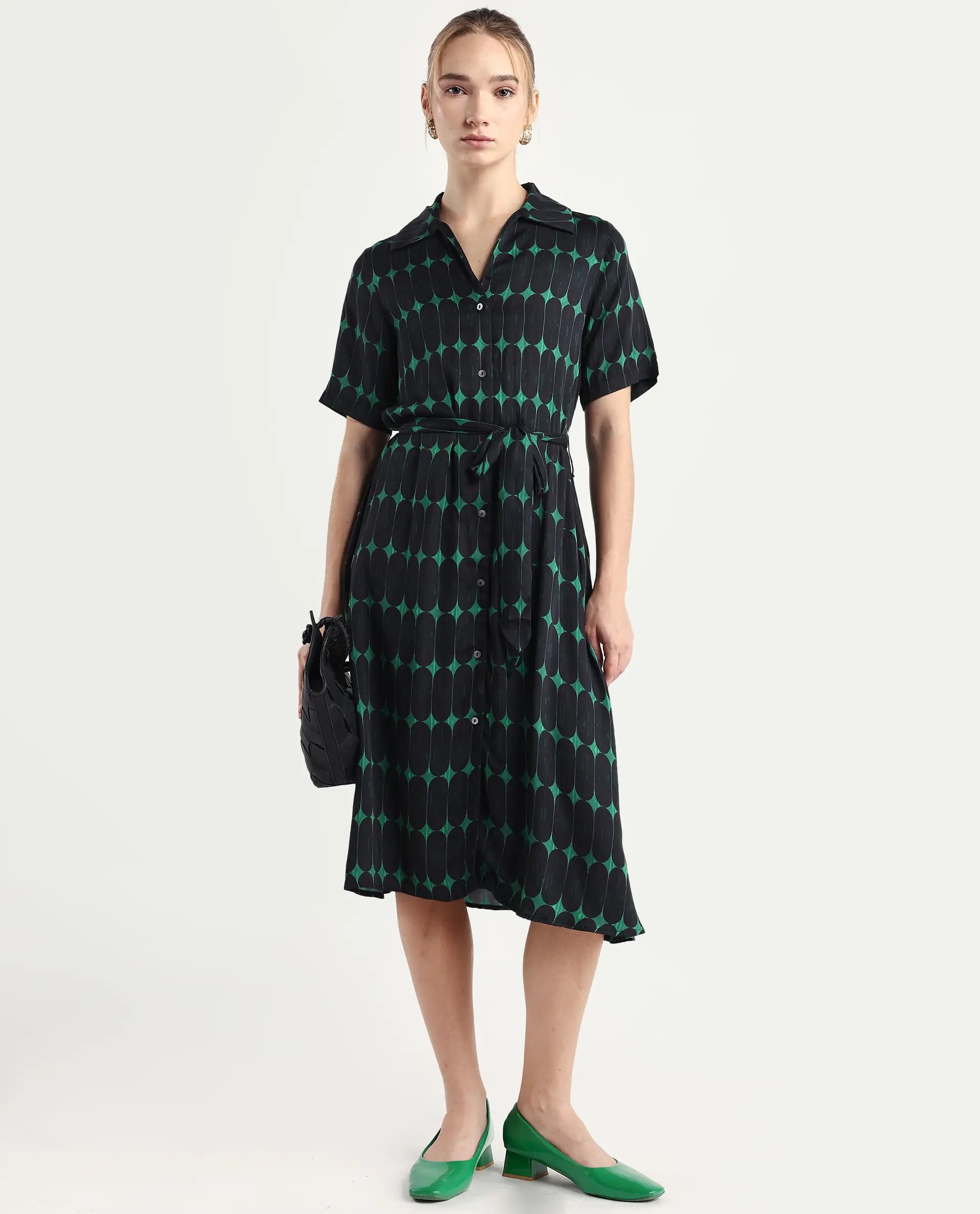 Rareism Women's Millington Green Cotton Johnny Collar Geometric Print Midi A-Line Dress