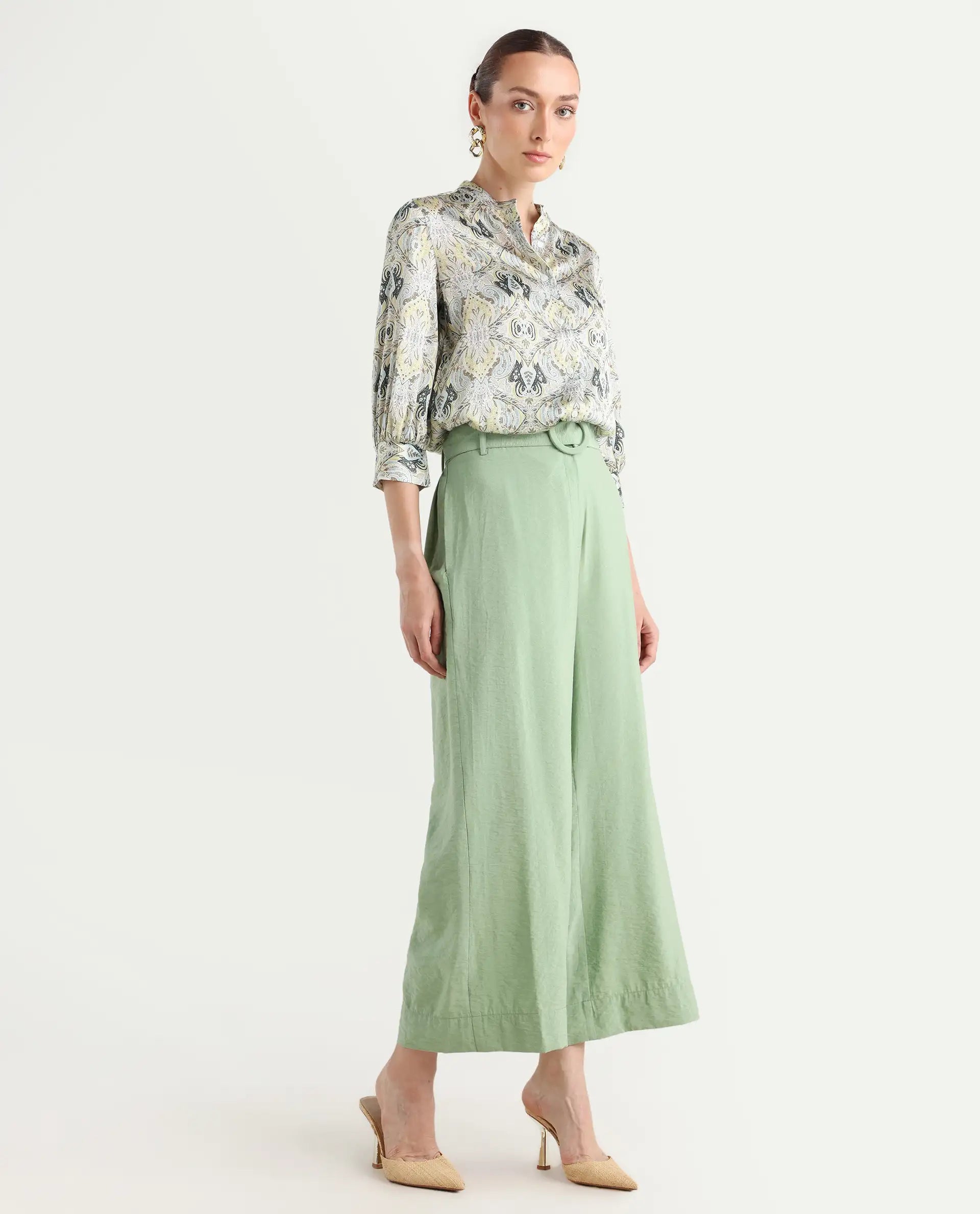 Rareism Women's Millinia Pastel Green Viscose Blend Plain Ankle Length Straight Fit Trouser