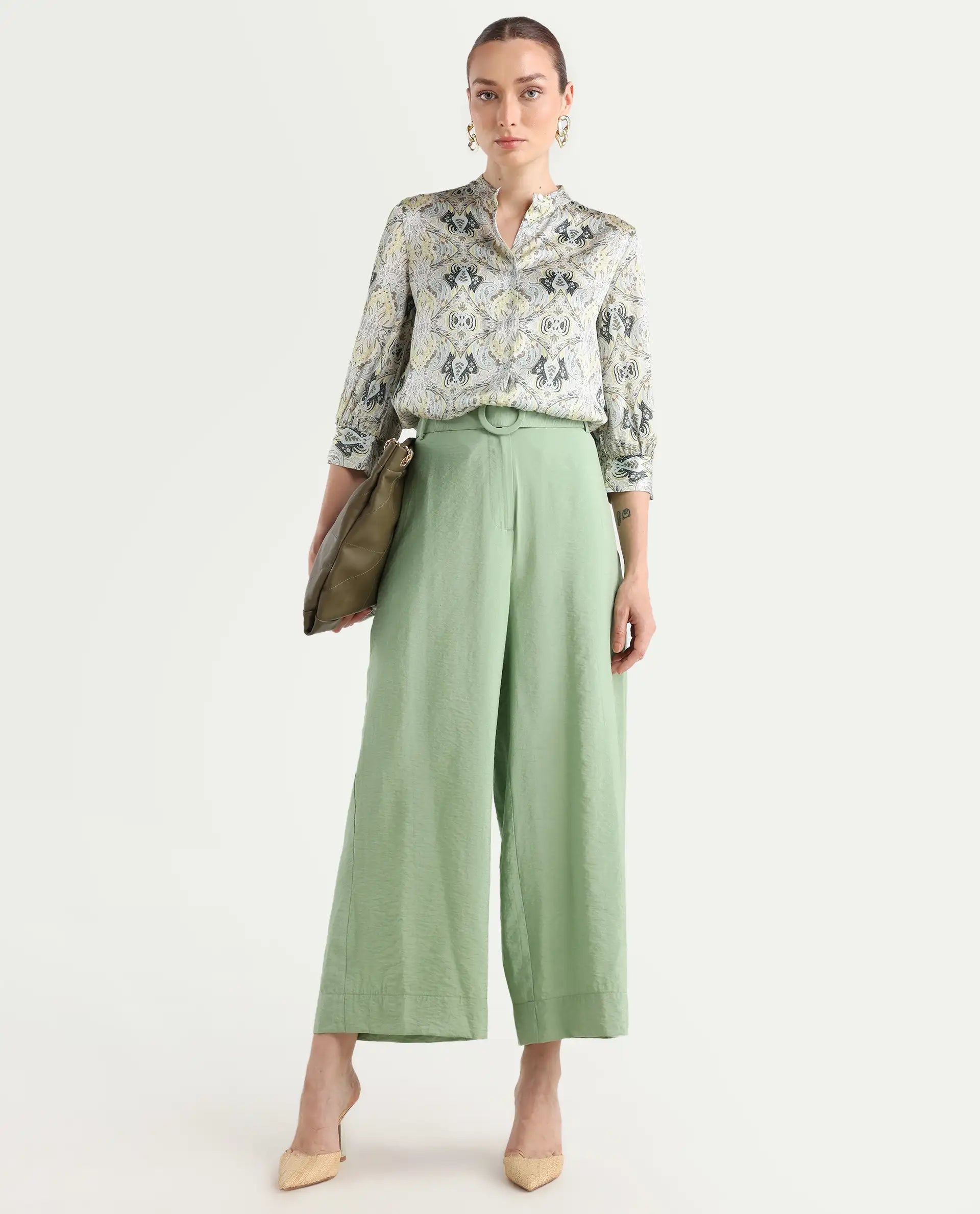 Rareism Women's Millinia Pastel Green Viscose Blend Plain Ankle Length Straight Fit Trouser