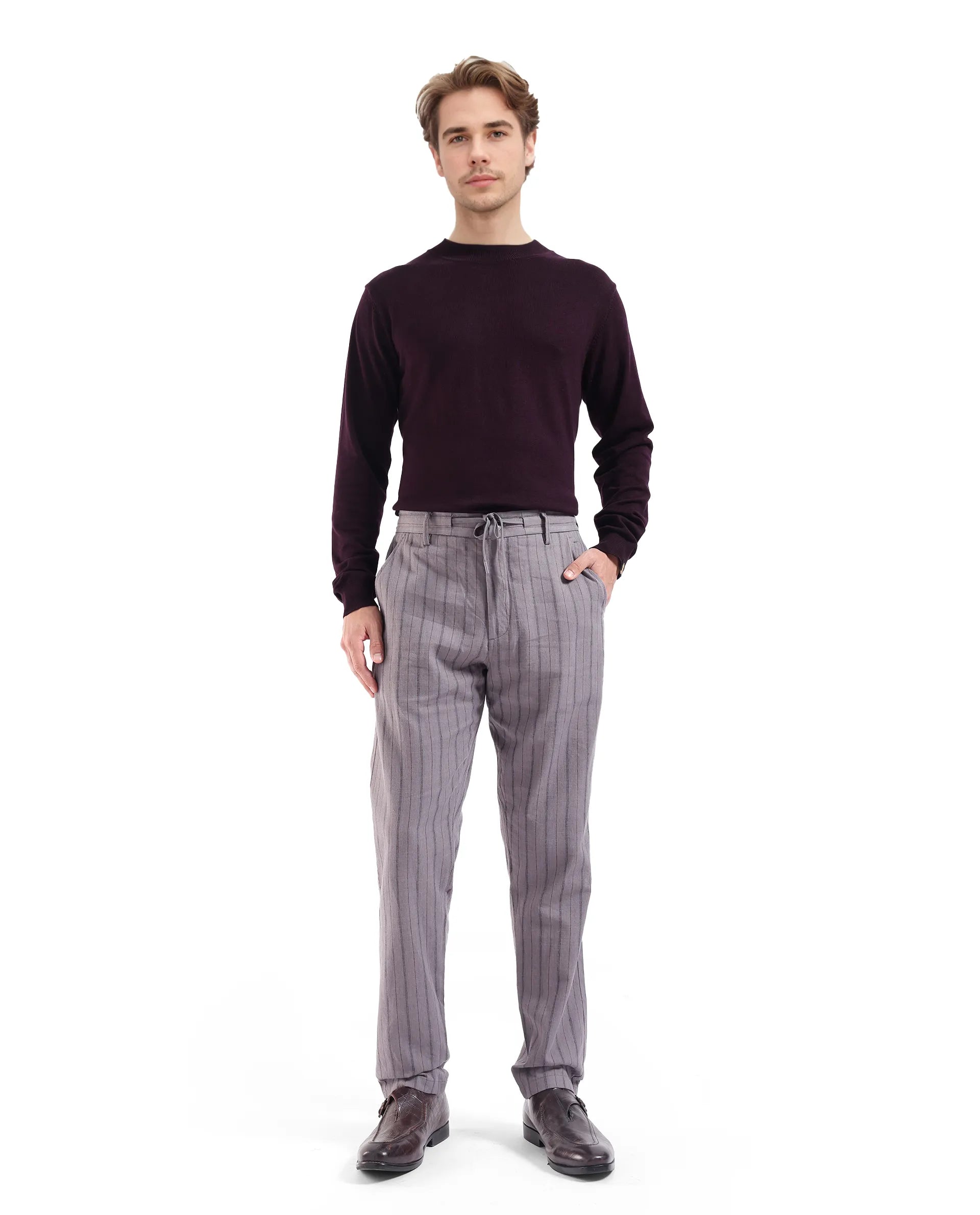 Rare Rabbit Men Milos Dusky Purple Button Closure Regular Fit Plain Trouser