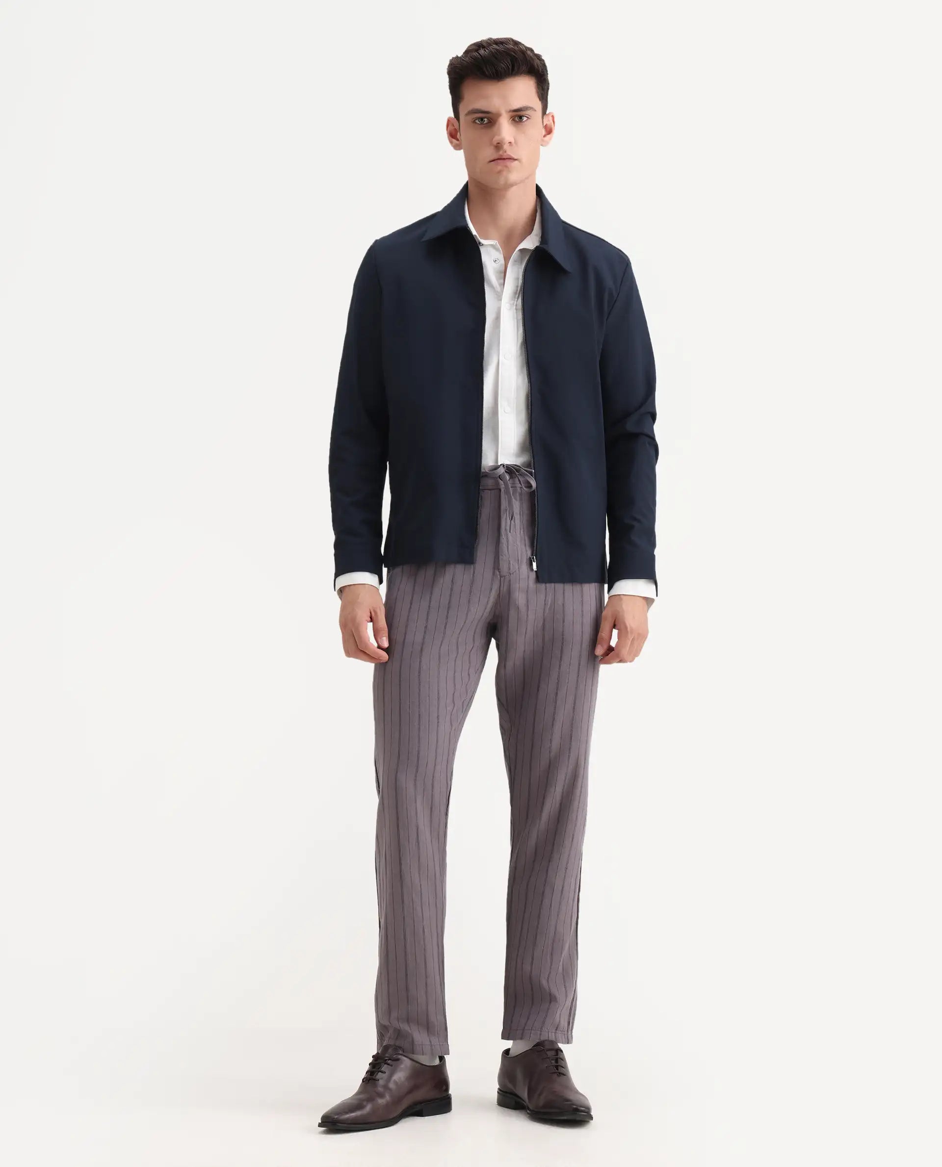 Rare Rabbit Men's Milos Dusky Purple Cotton Striped Print Regular Fit Trouser