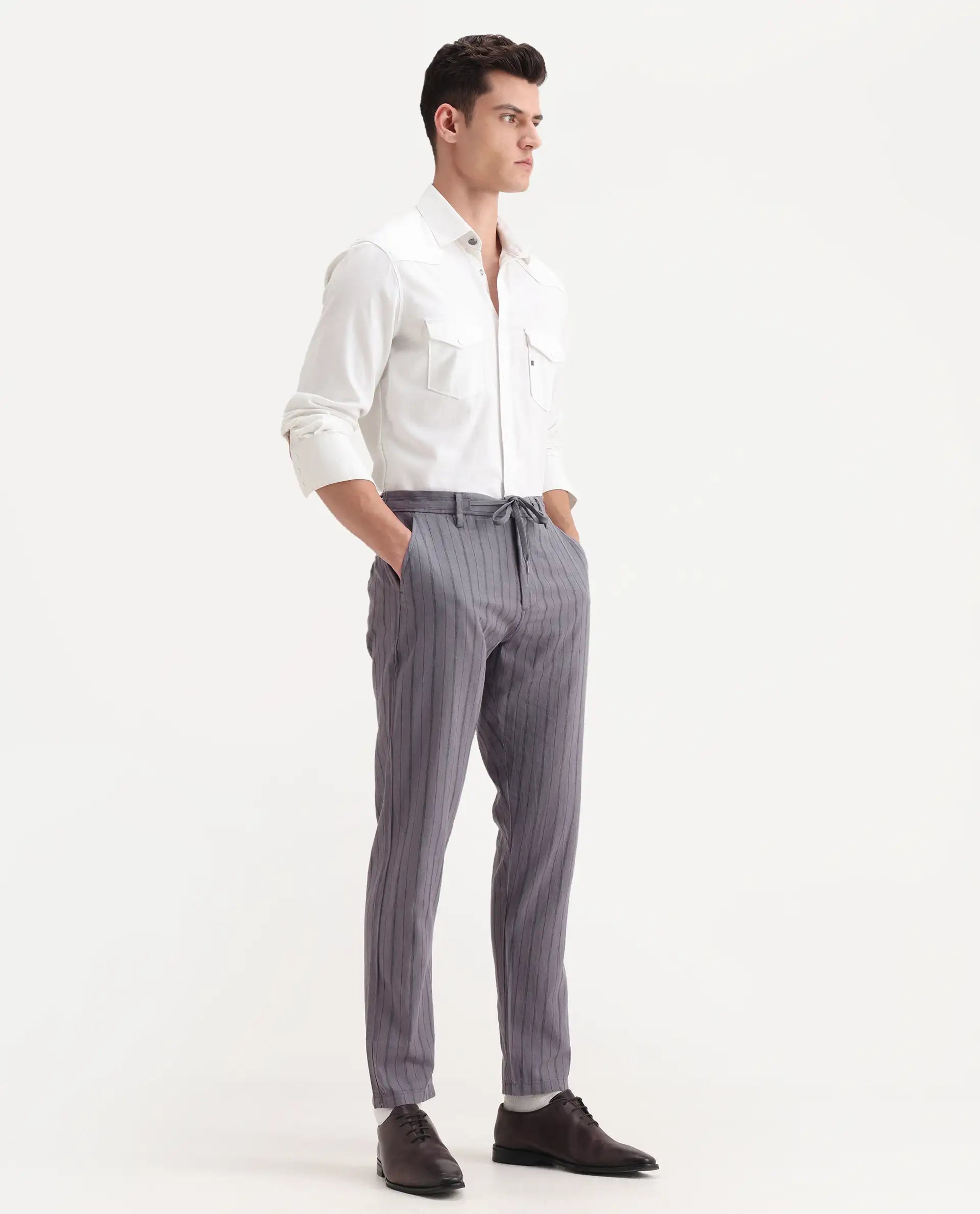 Rare Rabbit Men's Milos Dusky Purple Cotton Striped Print Regular Fit Trouser