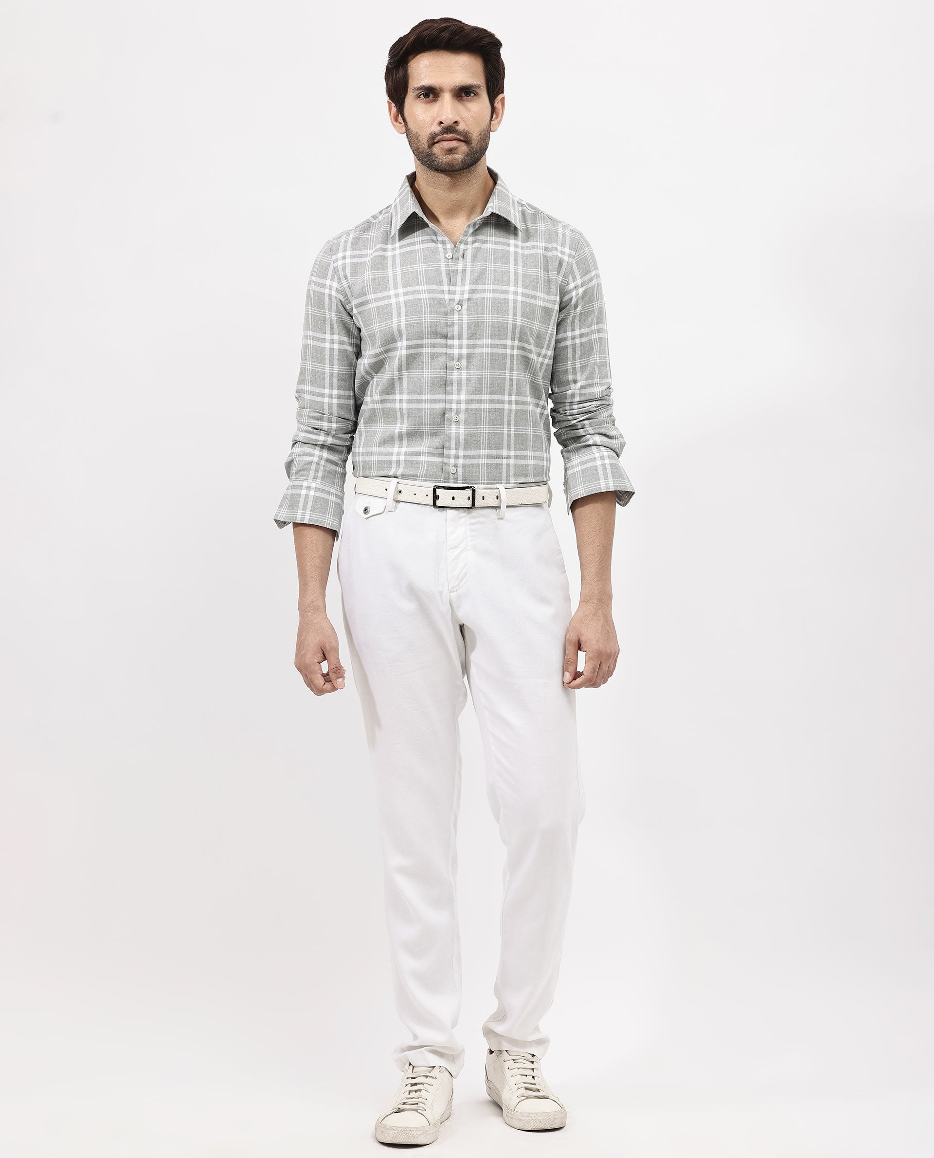 Rare Rabbit Mens Milton Grey Cotton Fabric Full Sleeve Regular Fit Checks Shirt