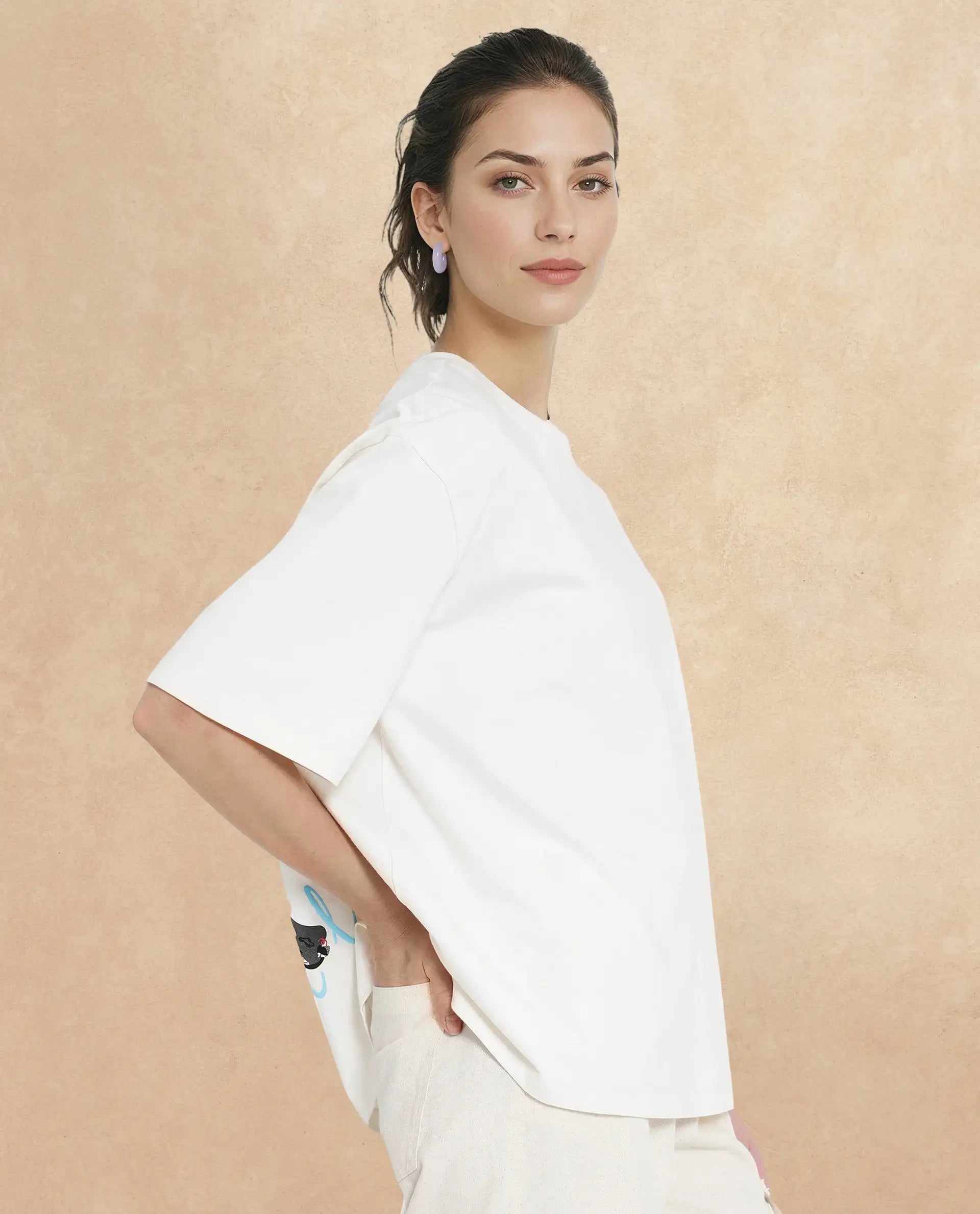 Rareism Women Mindy Off White Cotton Fabric Short Sleeve Crew Neck Solid T-Shirt