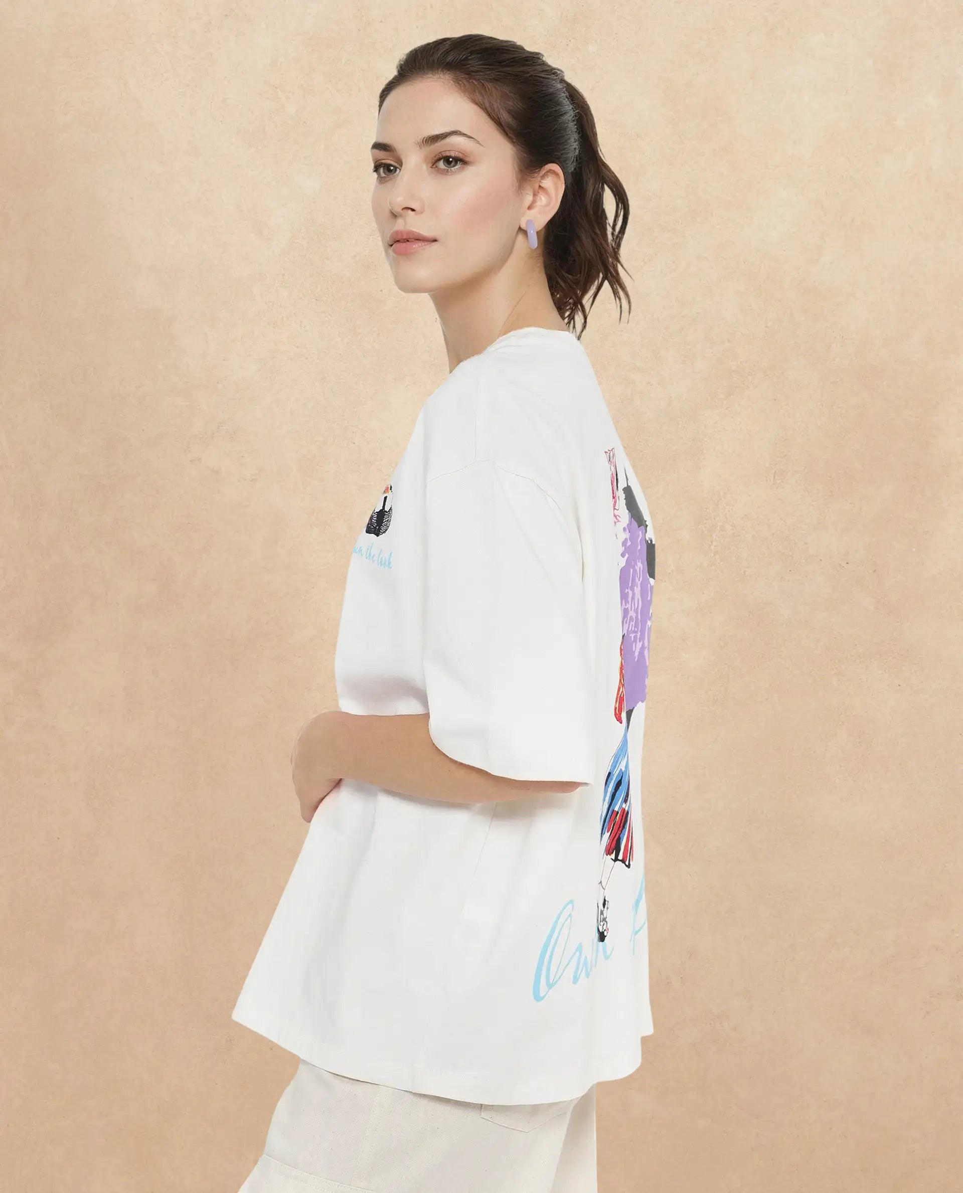 Rareism Women Mindy Off White Cotton Fabric Short Sleeve Crew Neck Solid T-Shirt