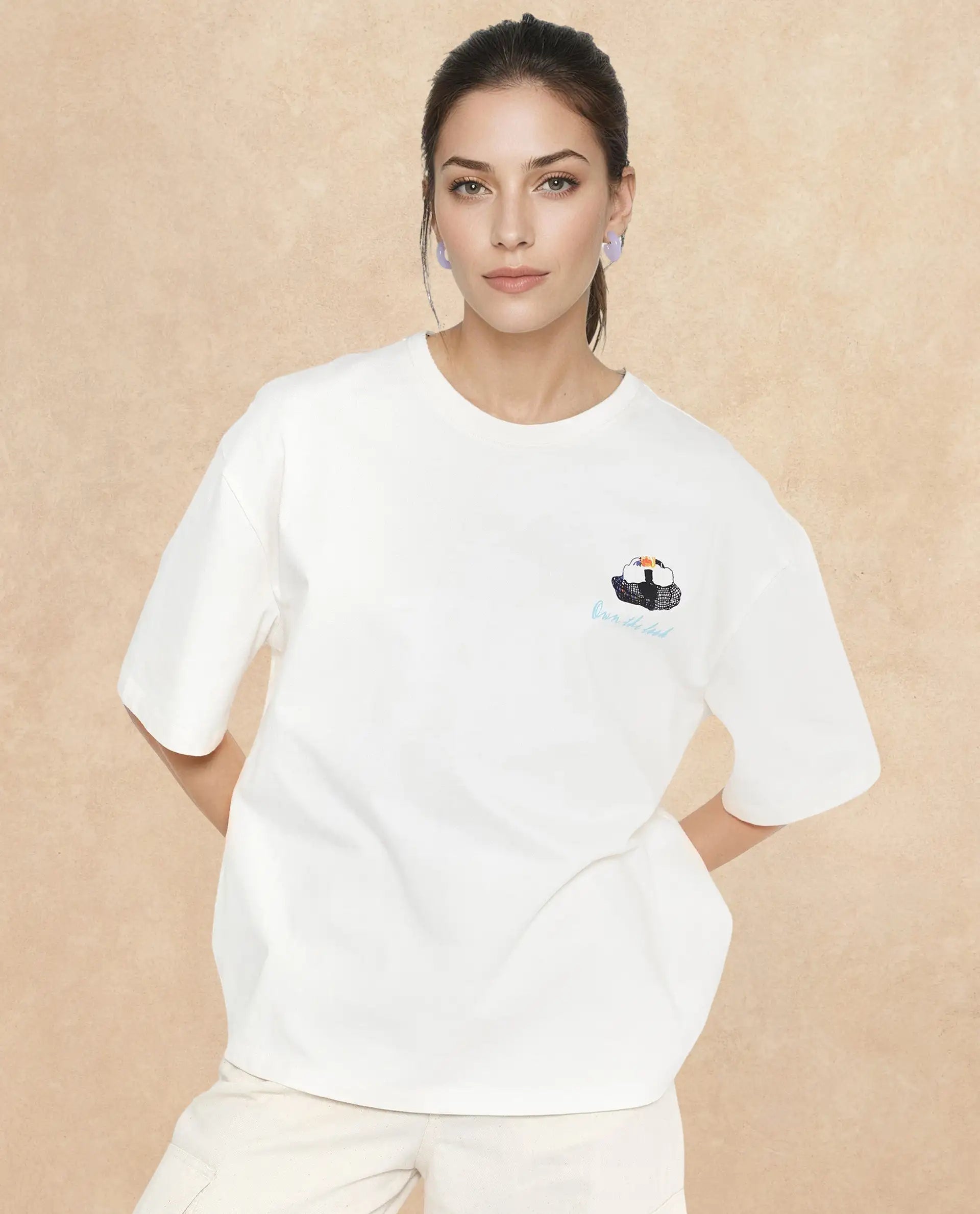 Rareism Women Mindy Off White Cotton Fabric Short Sleeve Crew Neck Solid T-Shirt