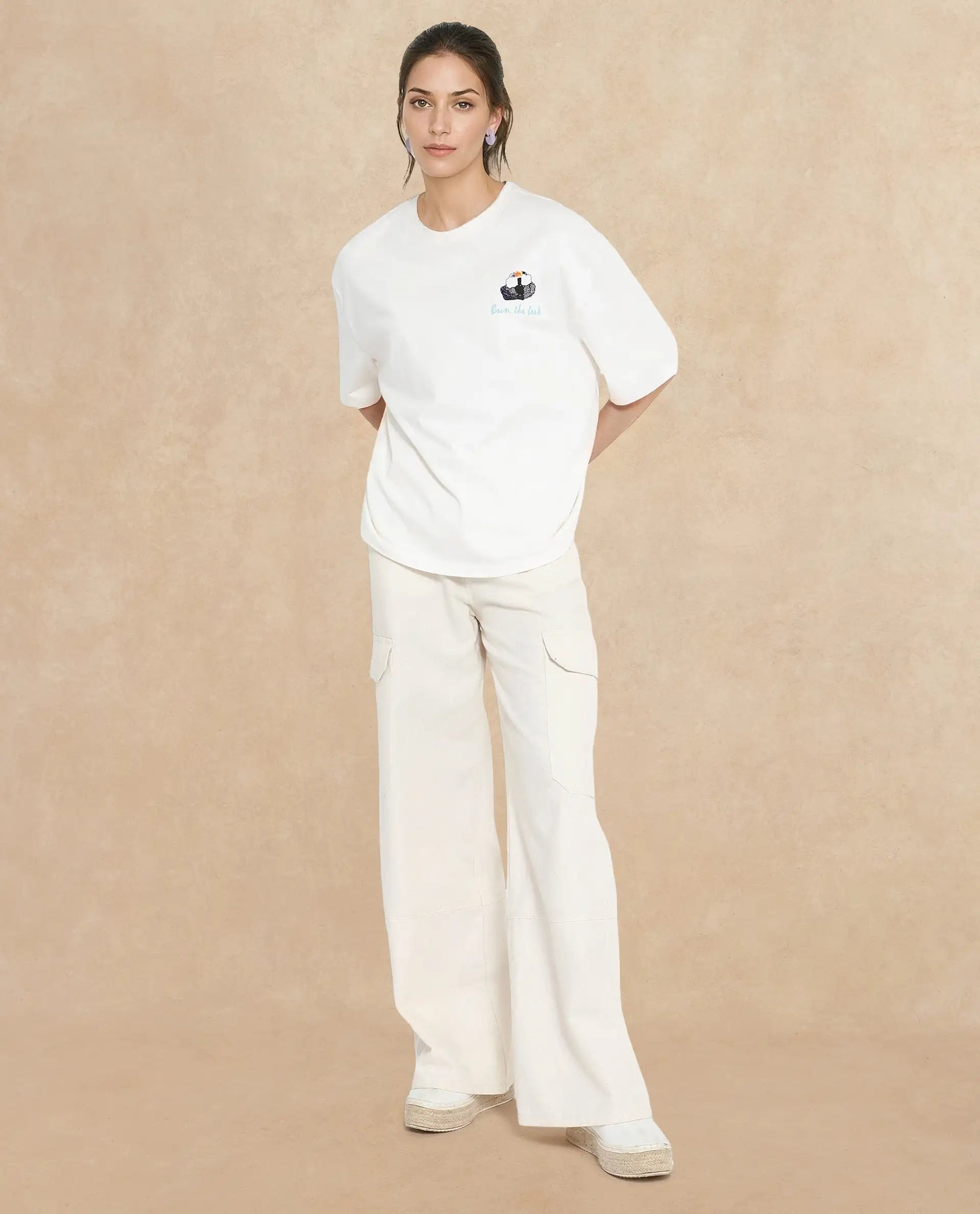 Rareism Women Mindy Off White Cotton Fabric Short Sleeve Crew Neck Solid T-Shirt