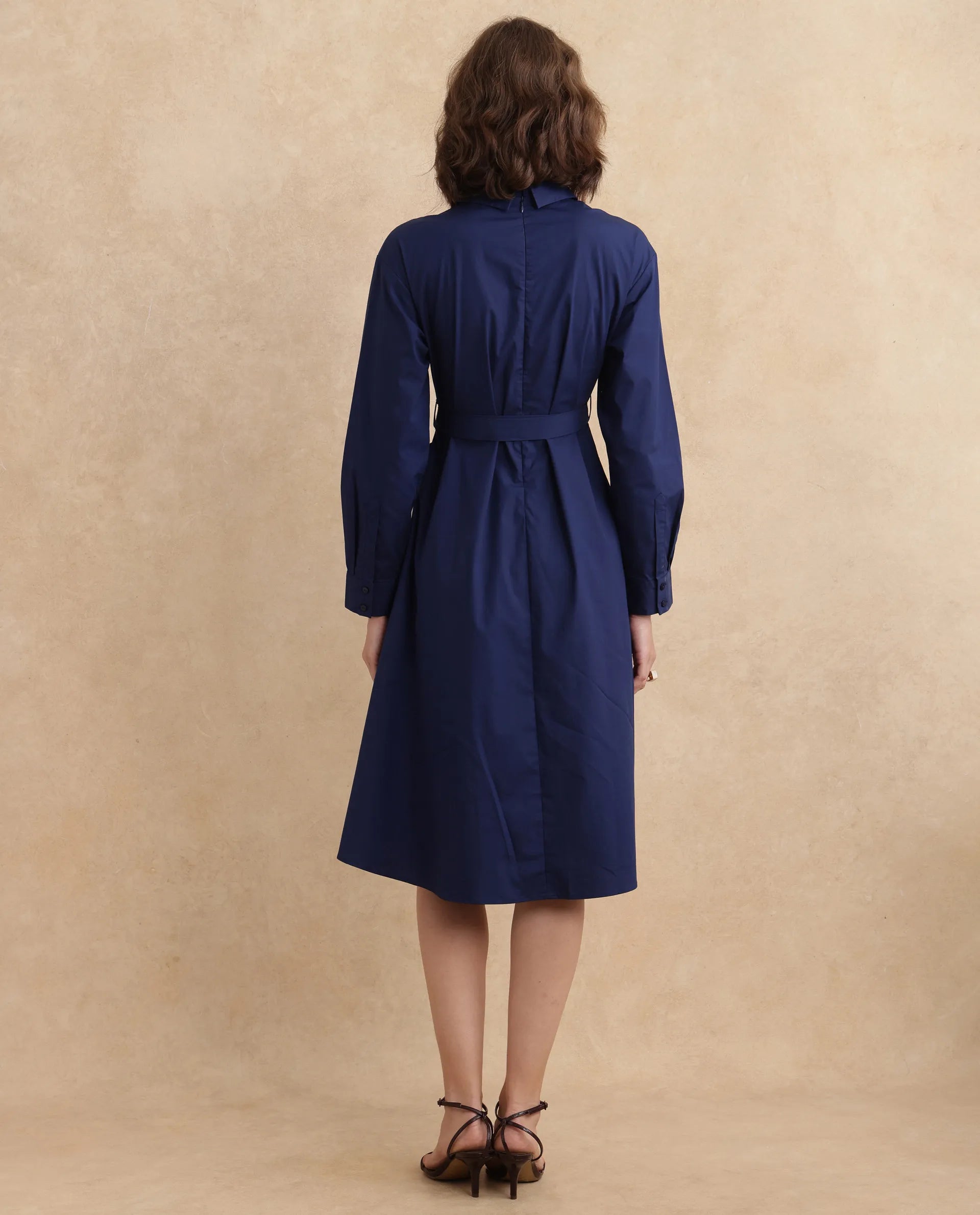 Rareism Women's Minifi Navy  Collared Neck Button Closure Cuffed Sleeve Plain Flared Knee Length Dress