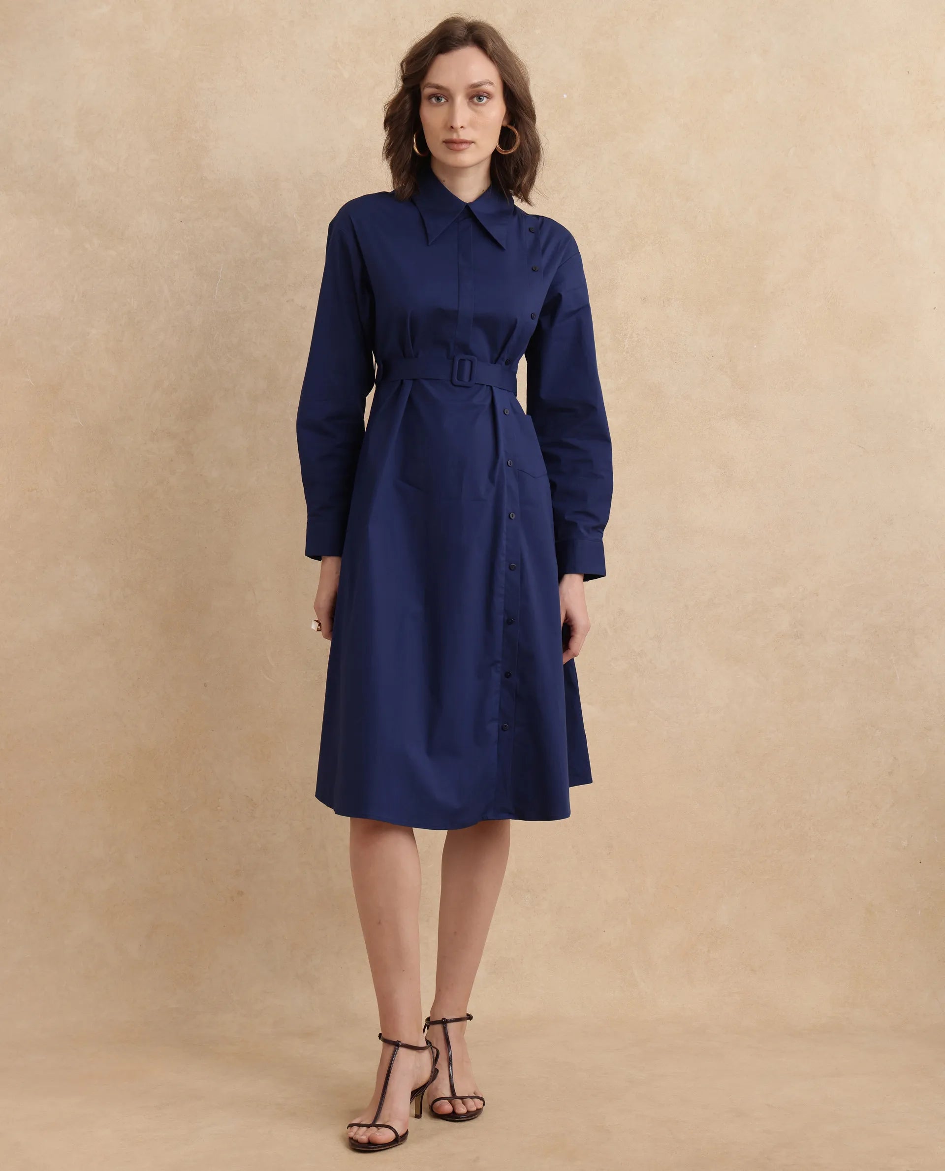Rareism Women's Minifi Navy  Collared Neck Button Closure Cuffed Sleeve Plain Flared Knee Length Dress