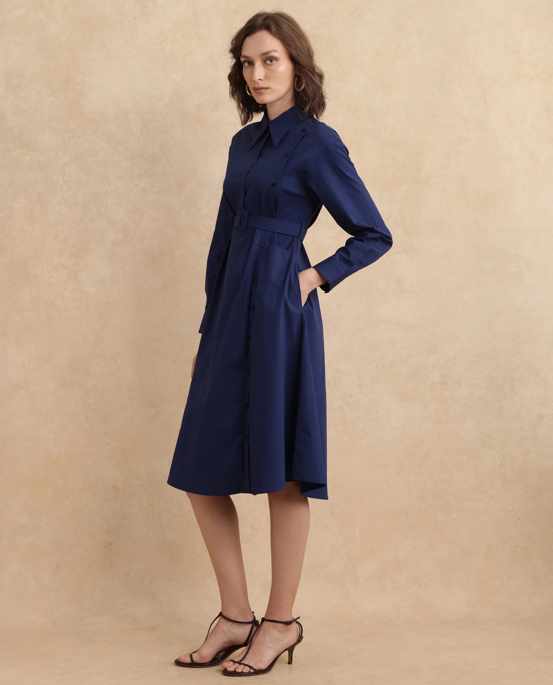 Rareism Women's Minifi Navy  Collared Neck Button Closure Cuffed Sleeve Plain Flared Knee Length Dress