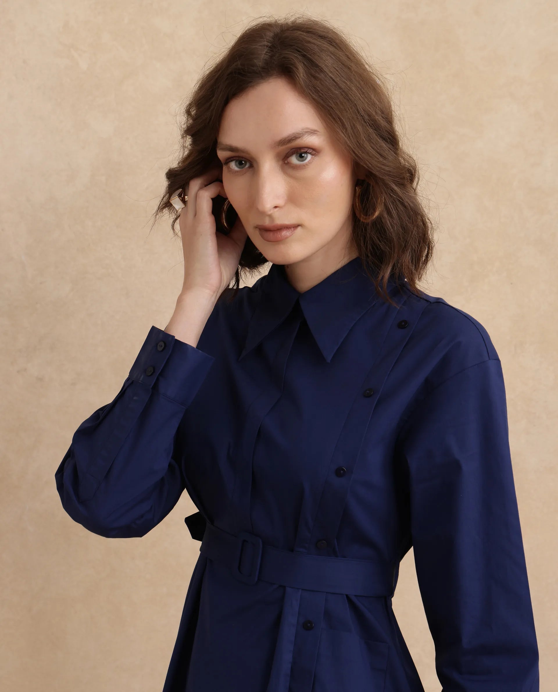 Rareism Women's Minifi Navy  Collared Neck Button Closure Cuffed Sleeve Plain Flared Knee Length Dress