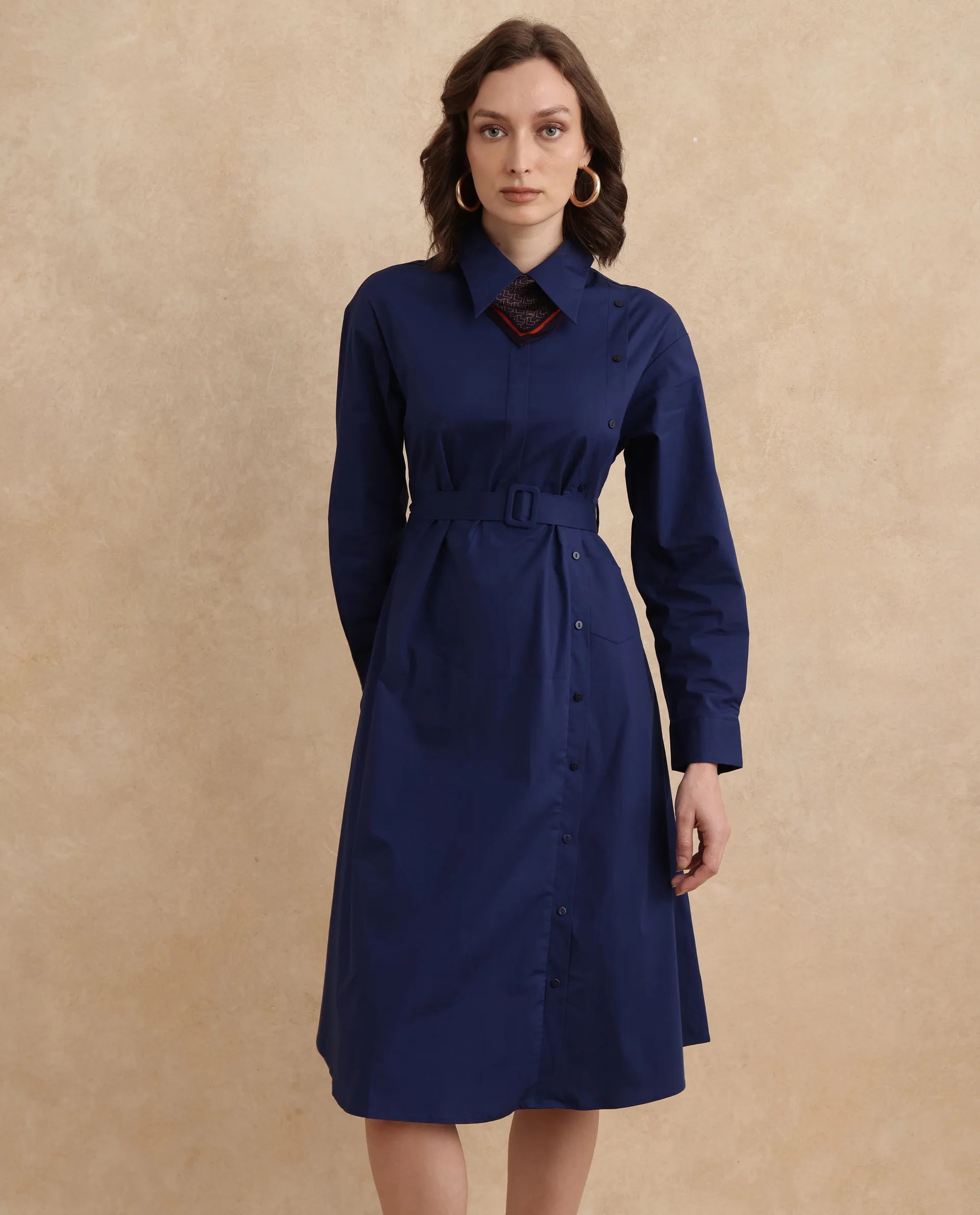 Rareism Women's Minifi Navy  Collared Neck Button Closure Cuffed Sleeve Plain Flared Knee Length Dress