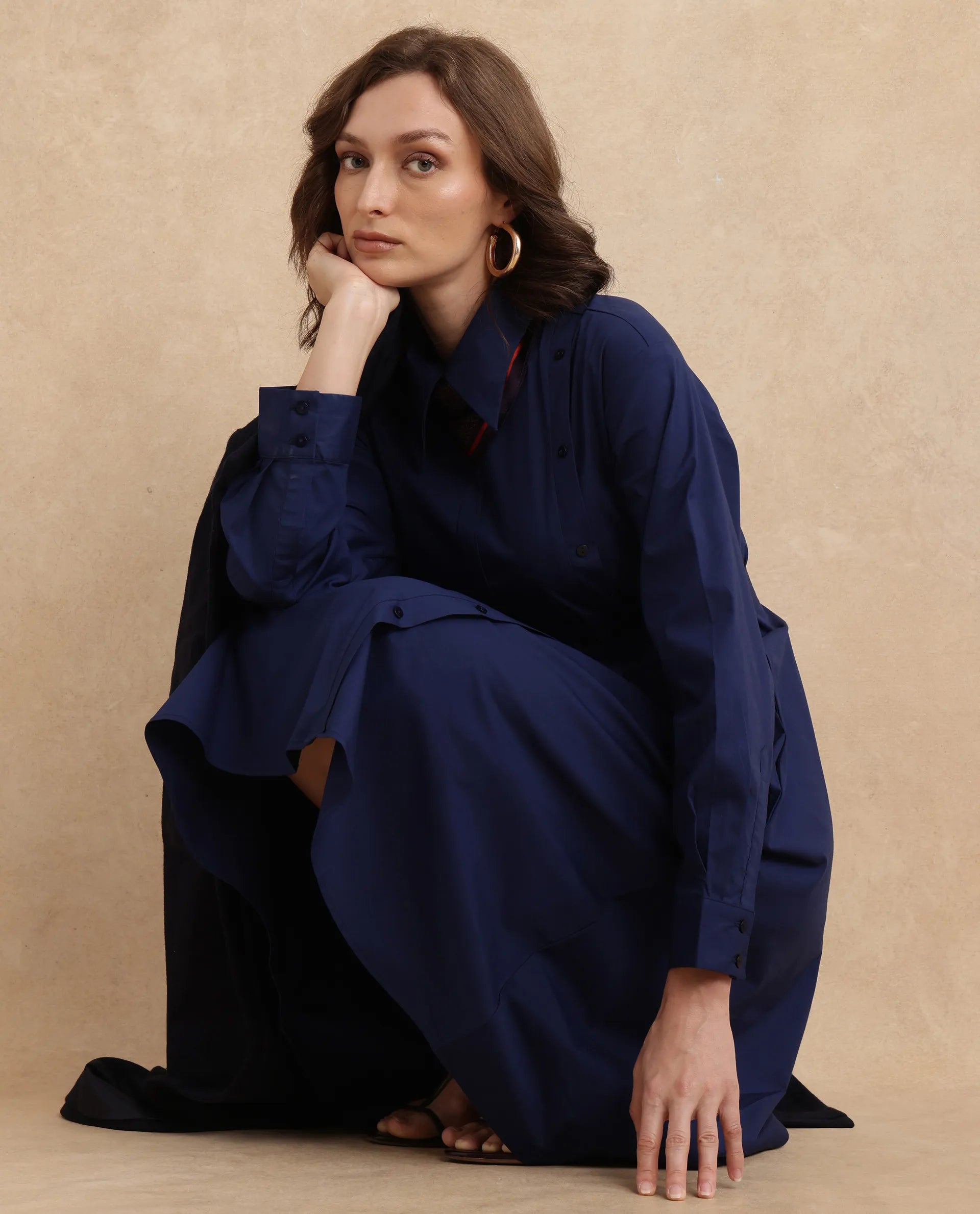 Rareism Women's Minifi Navy  Collared Neck Button Closure Cuffed Sleeve Plain Flared Knee Length Dress