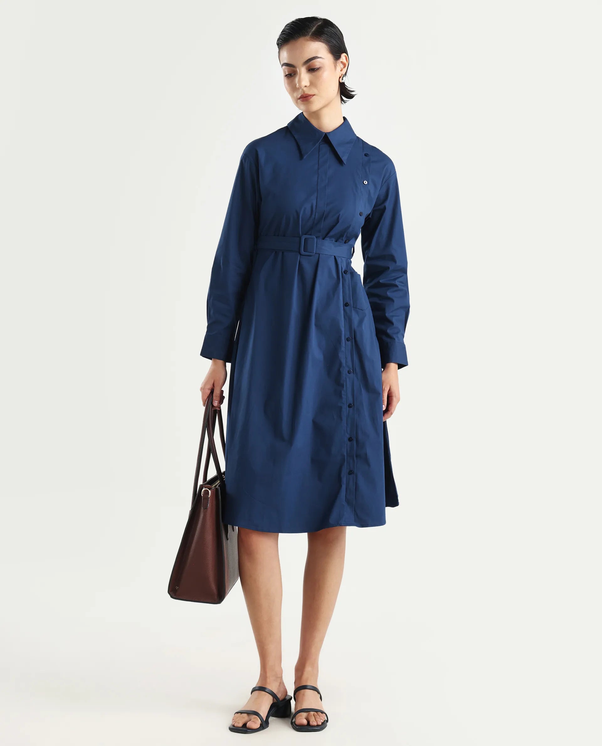 Rareism Women's Minifi Navy Cotton Blend Spread Collar Plain Cuffed Sleeve Knee Length Flared Dress