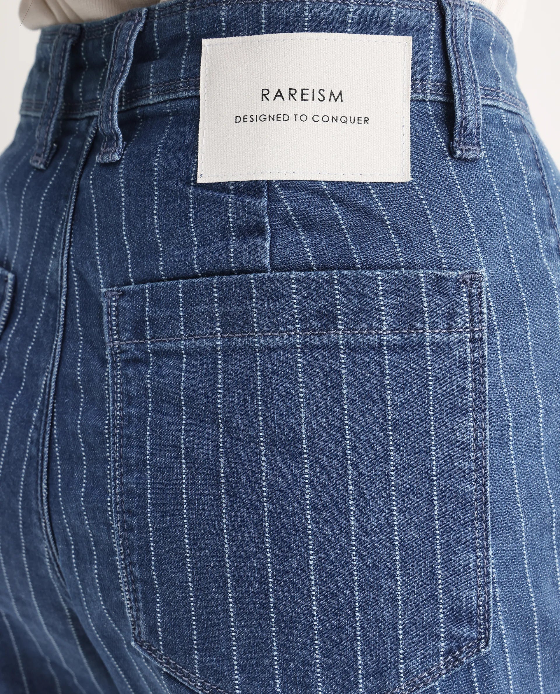 Rareism Women's Minik Blue Cotton Blend Striped Ankle Length Wide Jeans