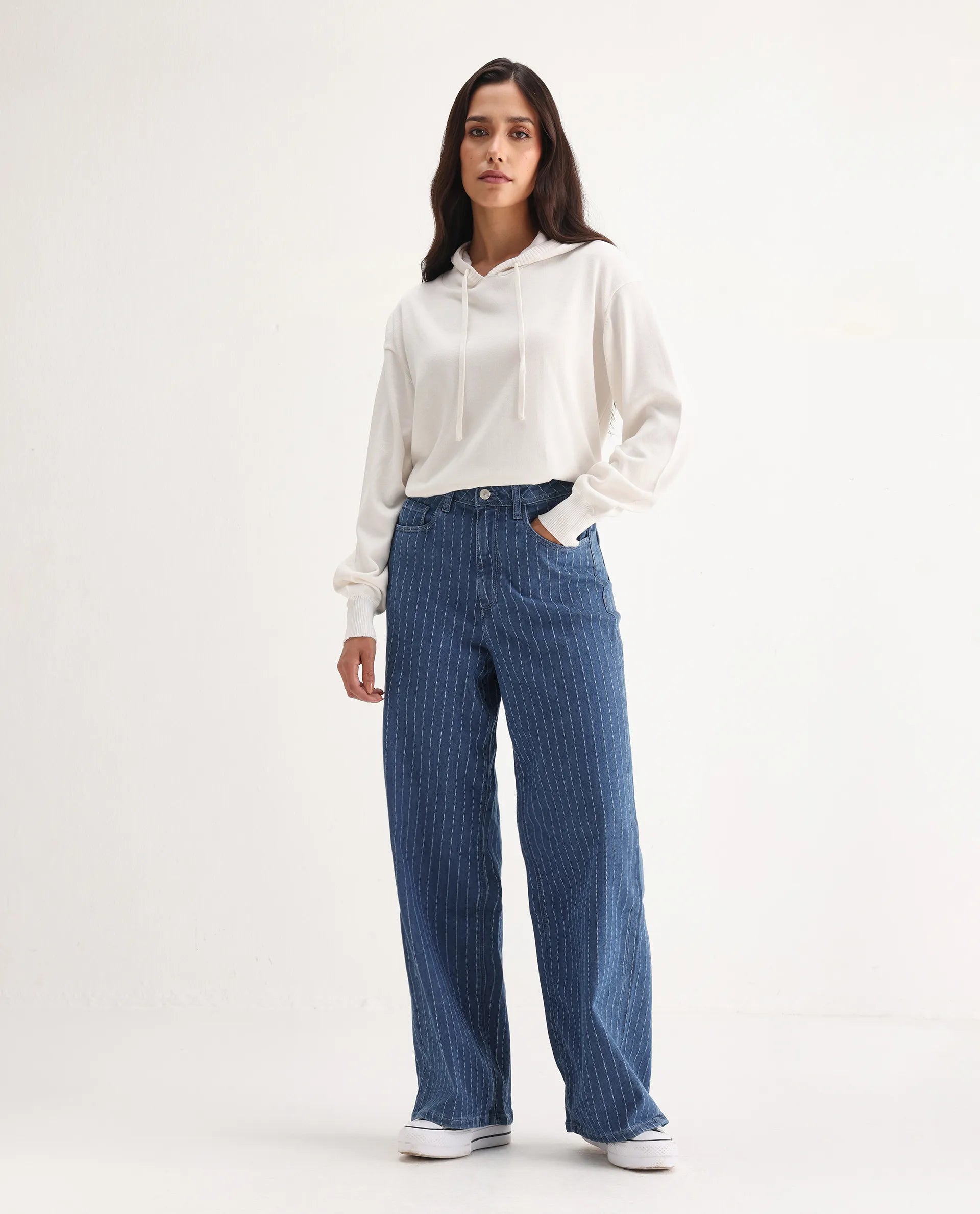 Rareism Women's Minik Blue Cotton Blend Striped Ankle Length Wide Jeans