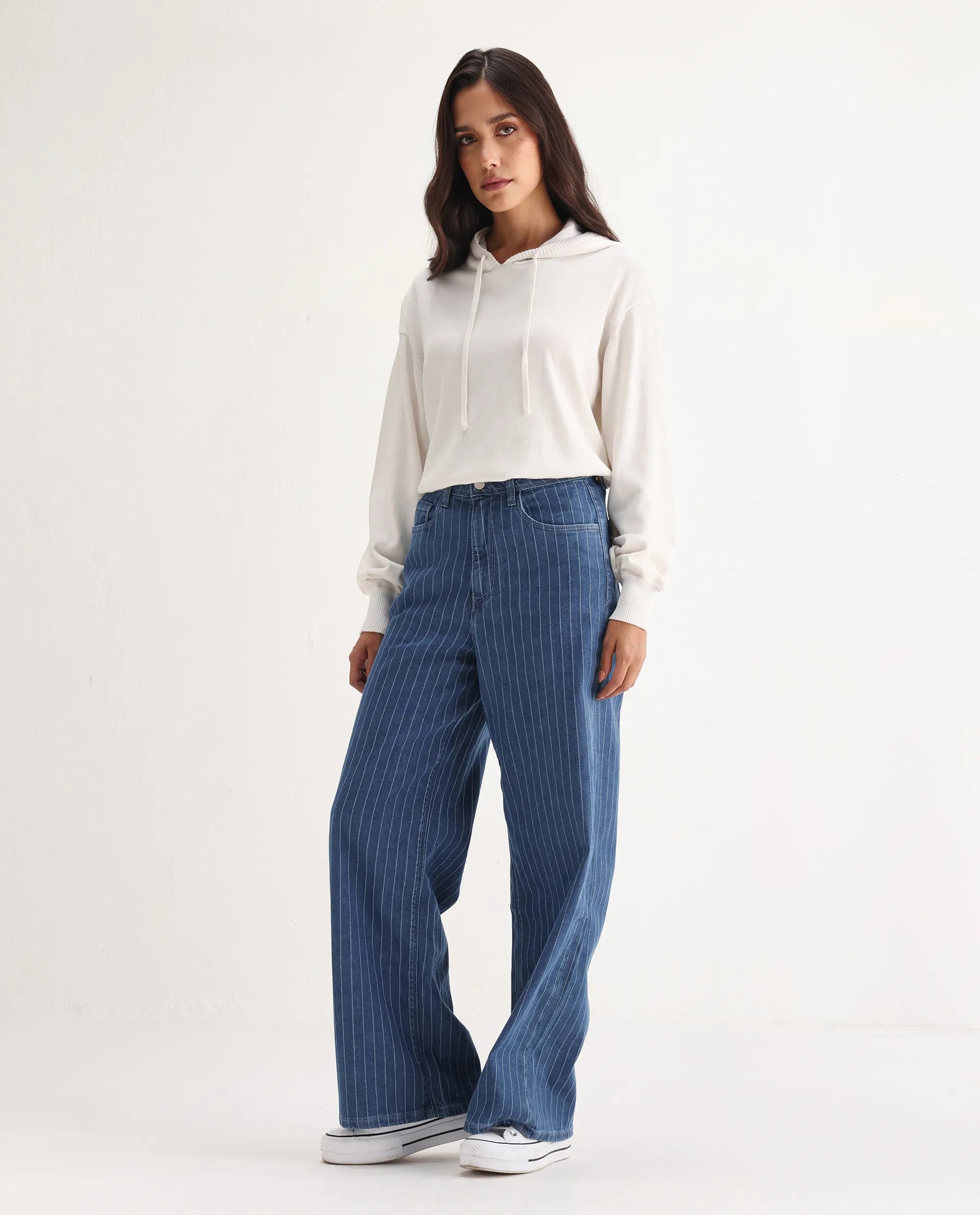 Rareism Women's Minik Blue Cotton Blend Striped Ankle Length Wide Jeans