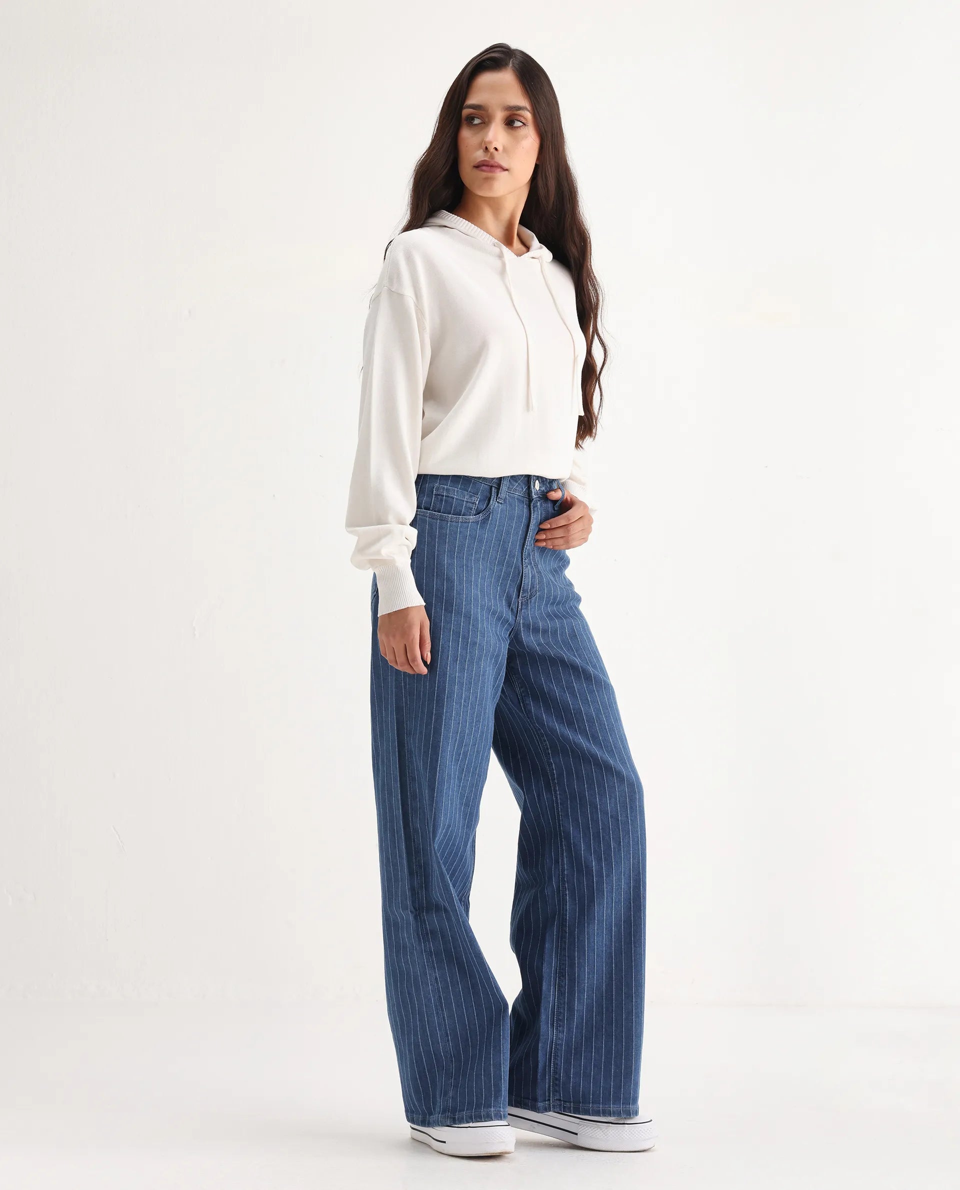 Rareism Women's Minik Blue Cotton Blend Striped Ankle Length Wide Jeans