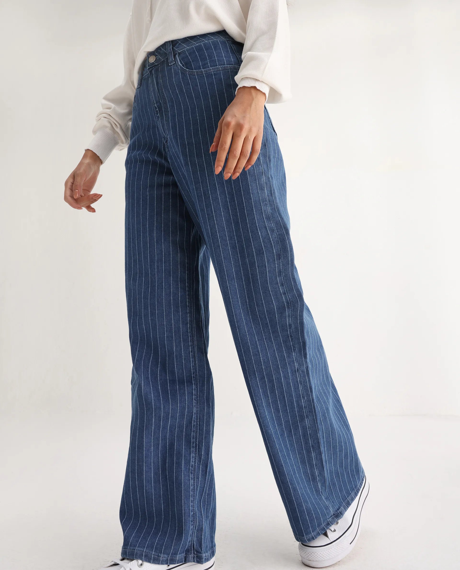 Rareism Women's Minik Blue Cotton Blend Striped Ankle Length Wide Jeans