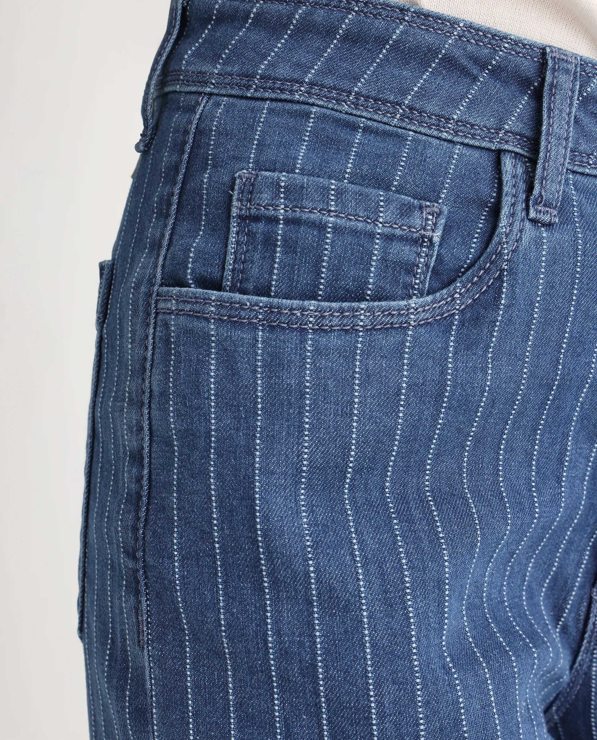 Rareism Women's Minik Blue Cotton Blend Striped Ankle Length Wide Jeans