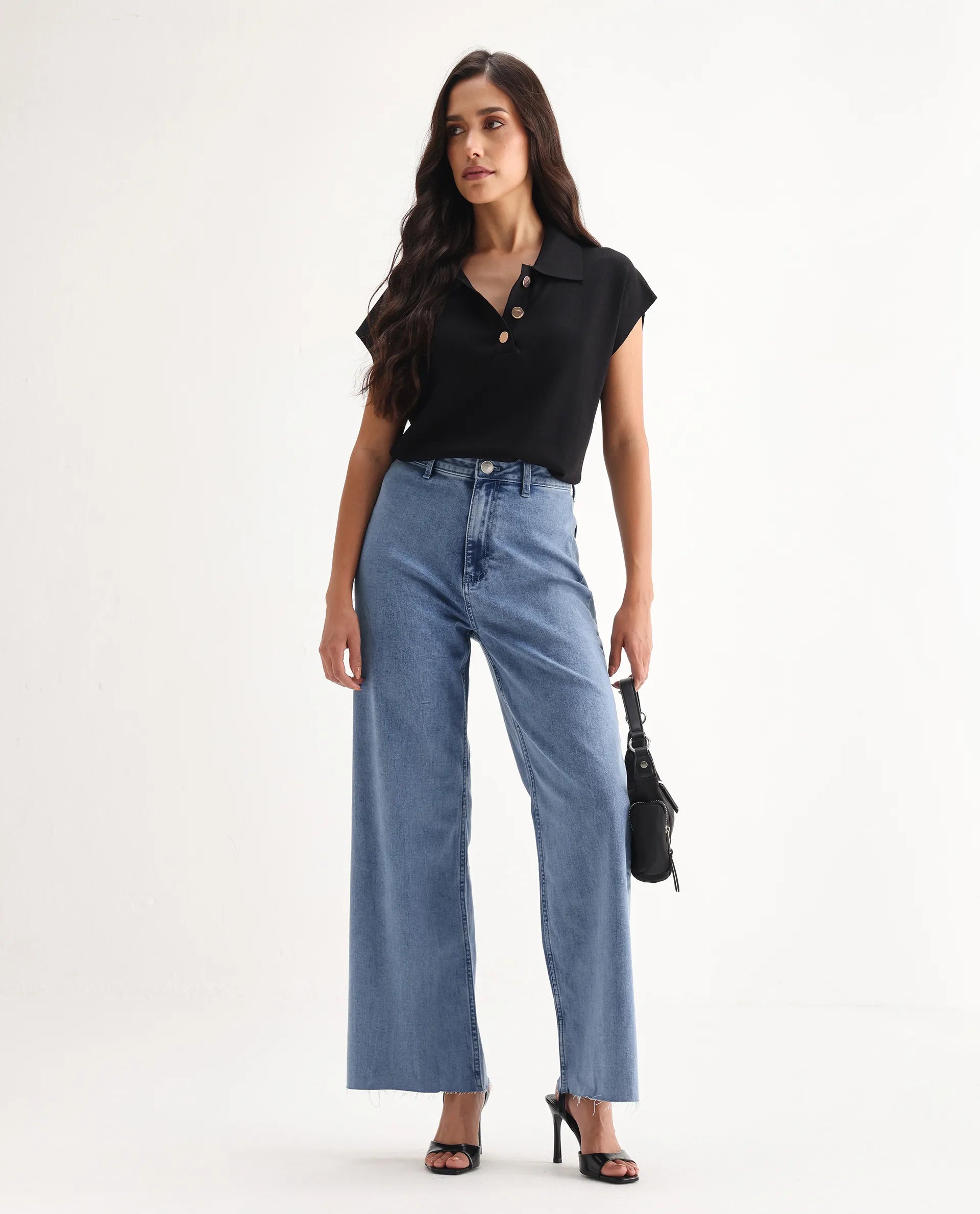 Rareism Women's Miniko Light Blue Cotton Blend Plain Ankle Length Effortless Wide Jeans