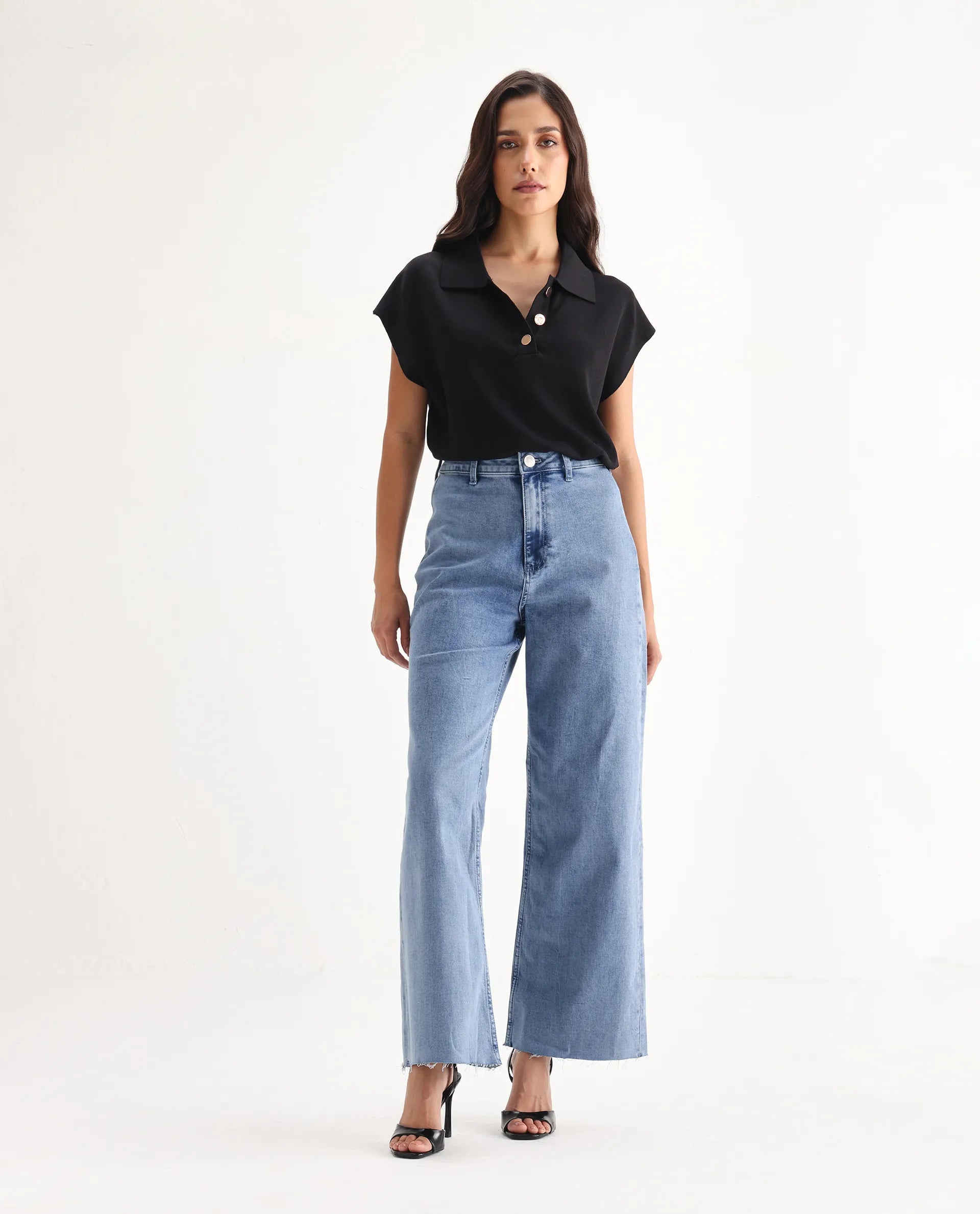 Rareism Women's Miniko Light Blue Cotton Blend Plain Ankle Length Effortless Wide Jeans