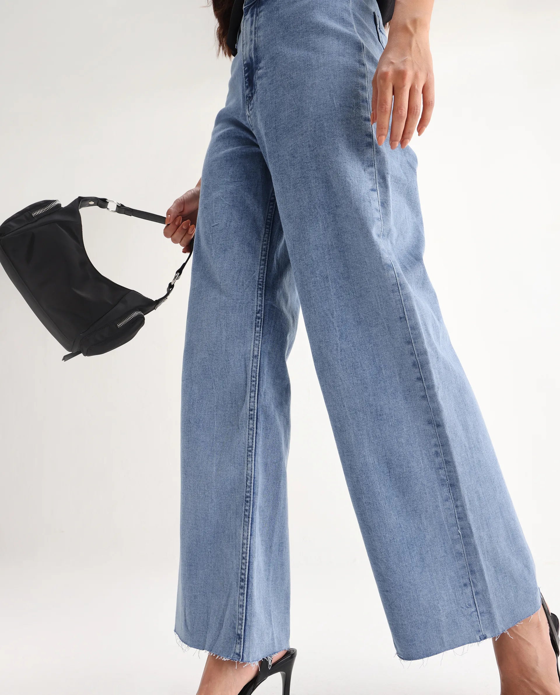 Rareism Women's Miniko Light Blue Cotton Blend Plain Ankle Length Effortless Wide Jeans