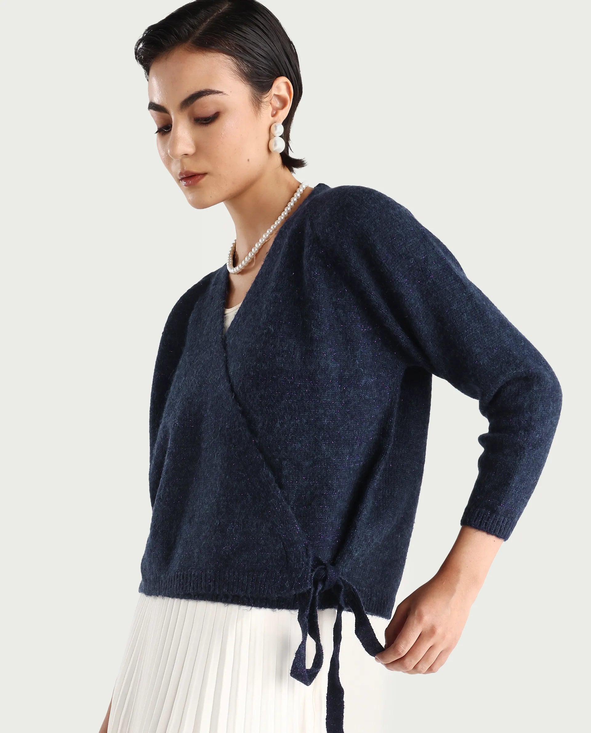 Rareism Women's Minjin Dark Purple Overlap Neck Plain Relaxed Fit Cardigan