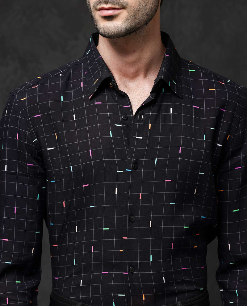 Rare Rabbit Mens Minor Black Viscose Fabric Full Sleeve Geometric Print Shirt