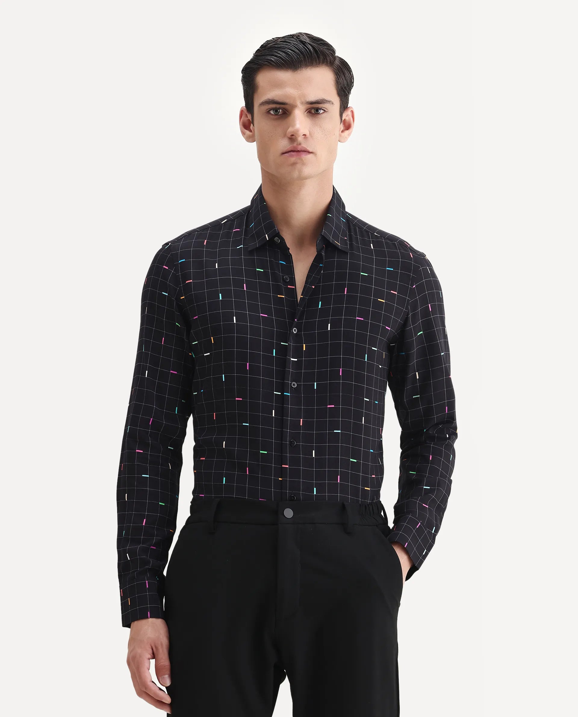 Rare Rabbit Men's Minor Black Viscose Geometric Print Regular Fit Full Sleeve Collared Shirt