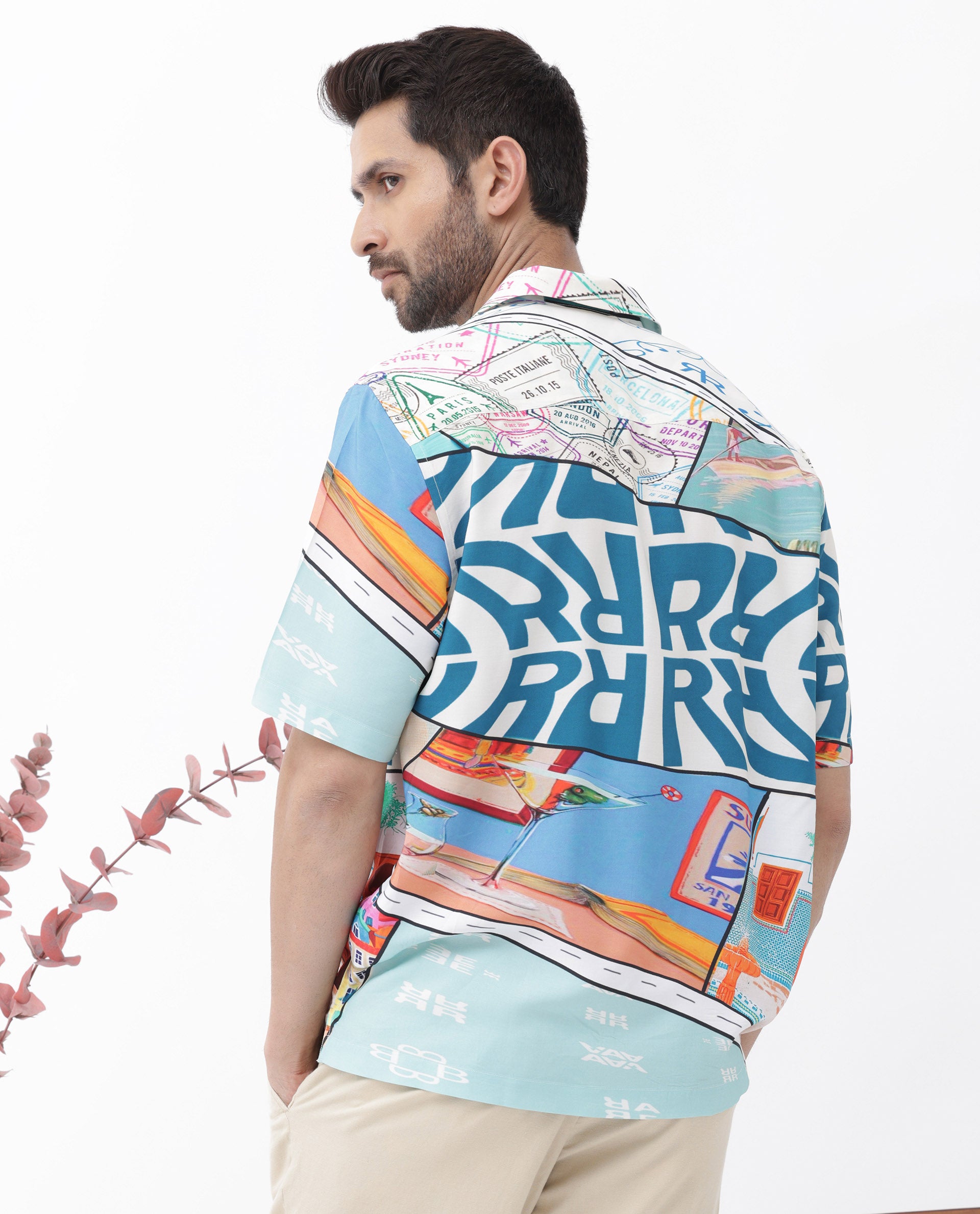 Rare Rabbit Men's Minos Light Blue Viscose Fabric Half Sleeves Cuban Collar Boxy Fit Abstract Print Shirt