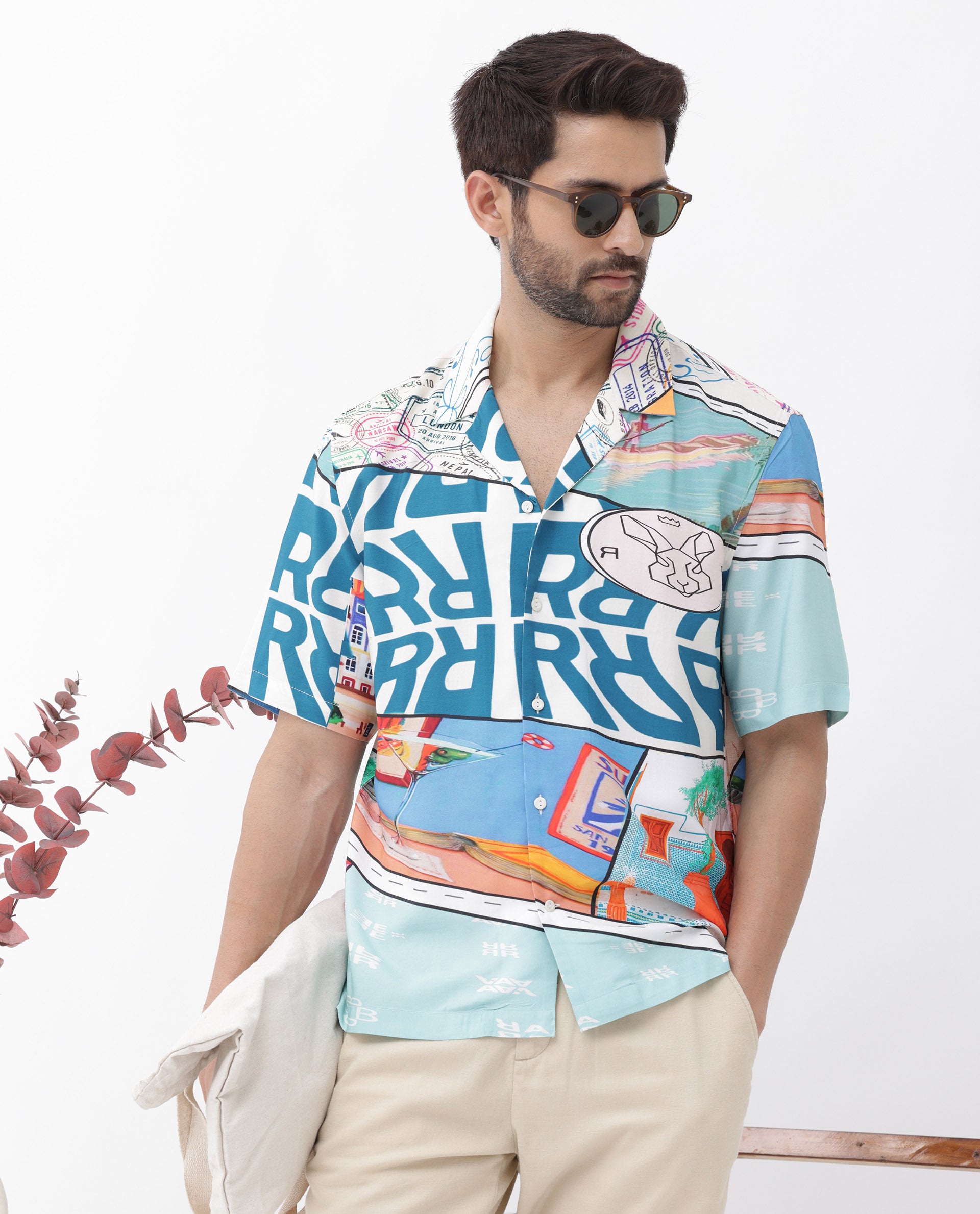 Rare Rabbit Men's Minos Light Blue Viscose Fabric Half Sleeves Cuban Collar Boxy Fit Abstract Print Shirt